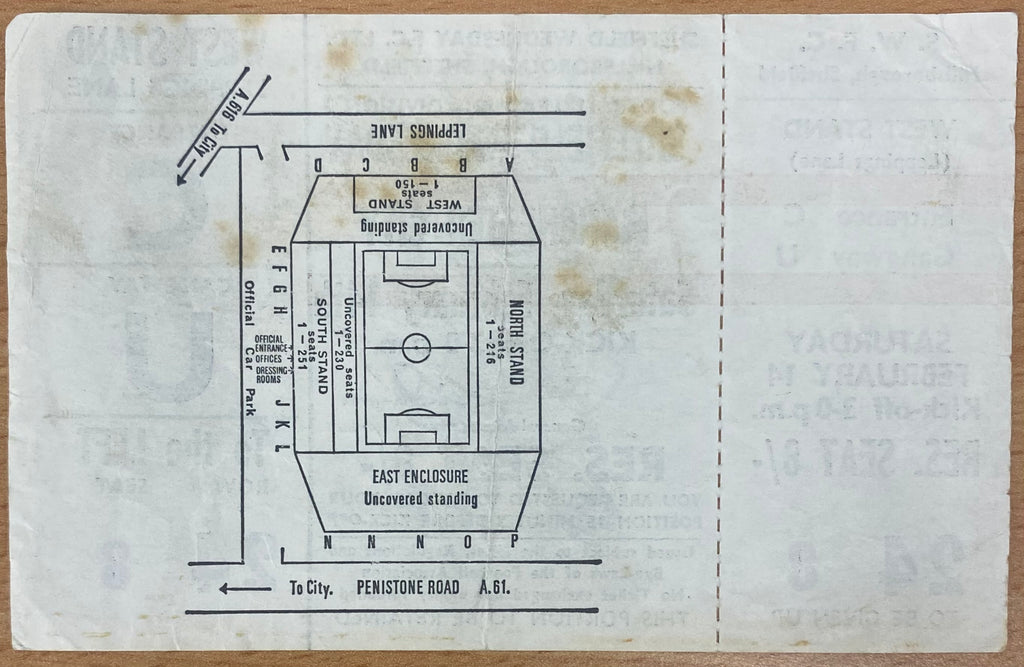 1969/70 ORIGINAL DIVISION 1 UNUSED TICKET SHEFFIELD WEDNESDAY V MANCHESTER CITY