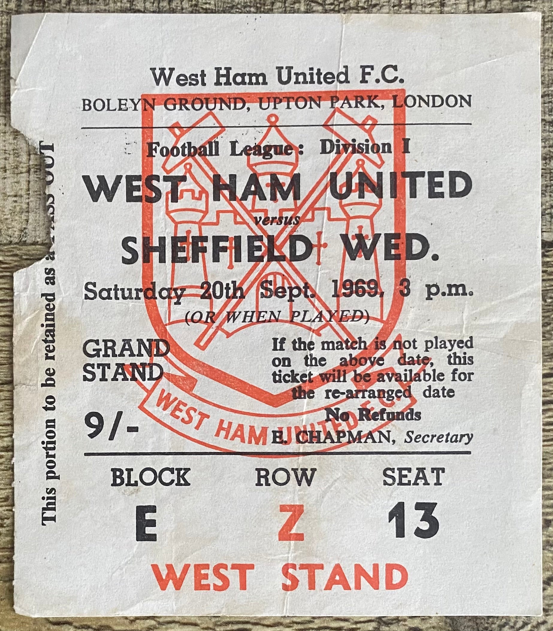 1969/70 ORIGINAL DIVISION 1 TICKET WEST HAM UNITED V SHEFFIELD WEDNESDAY