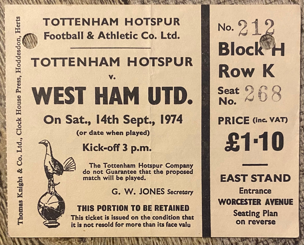 1974/75 ORIGINAL DIVISION ONE TICKET TOTTENHAM HOTSPUR V WEST HAM UNITED