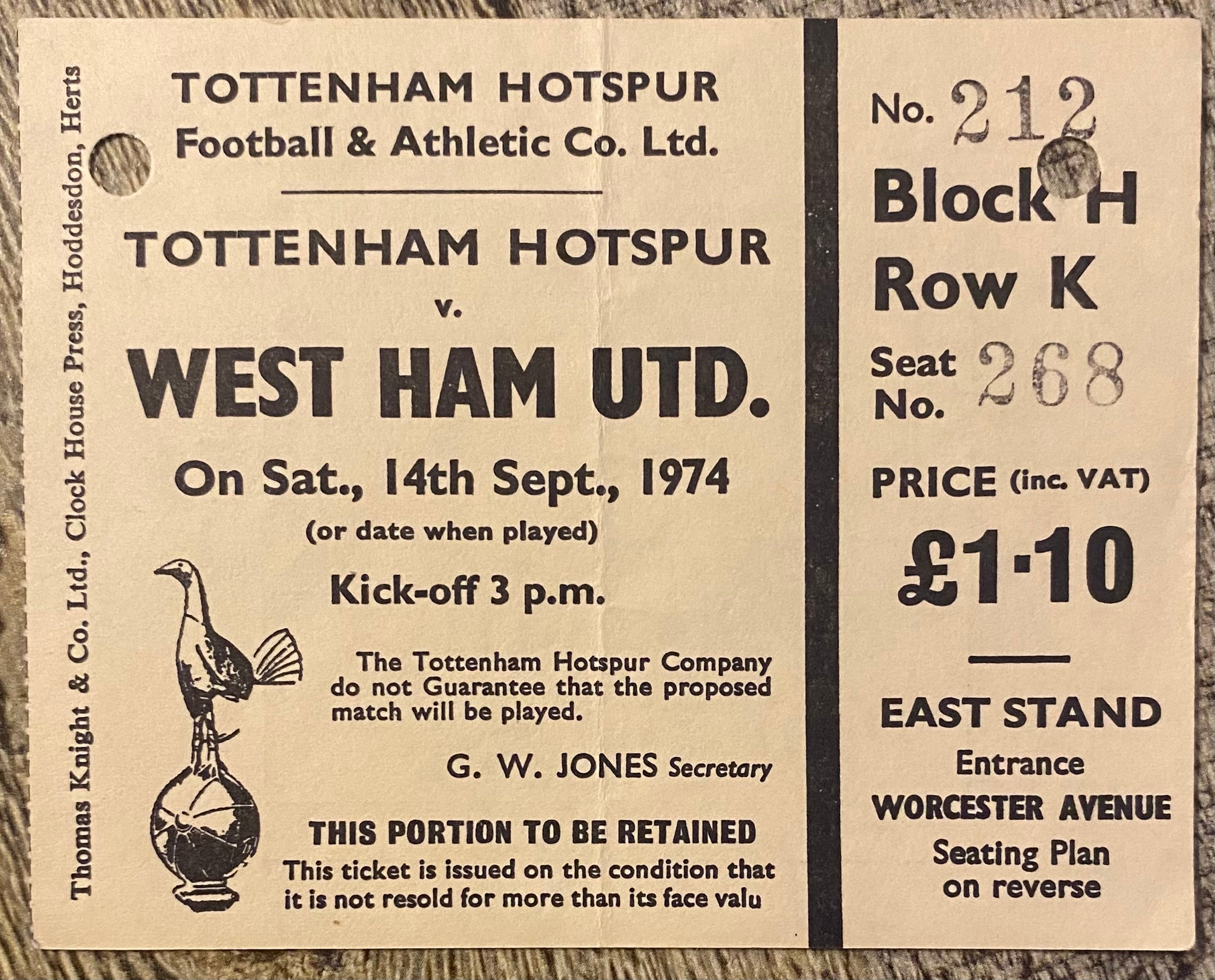 1974/75 ORIGINAL DIVISION ONE TICKET TOTTENHAM HOTSPUR V WEST HAM UNITED