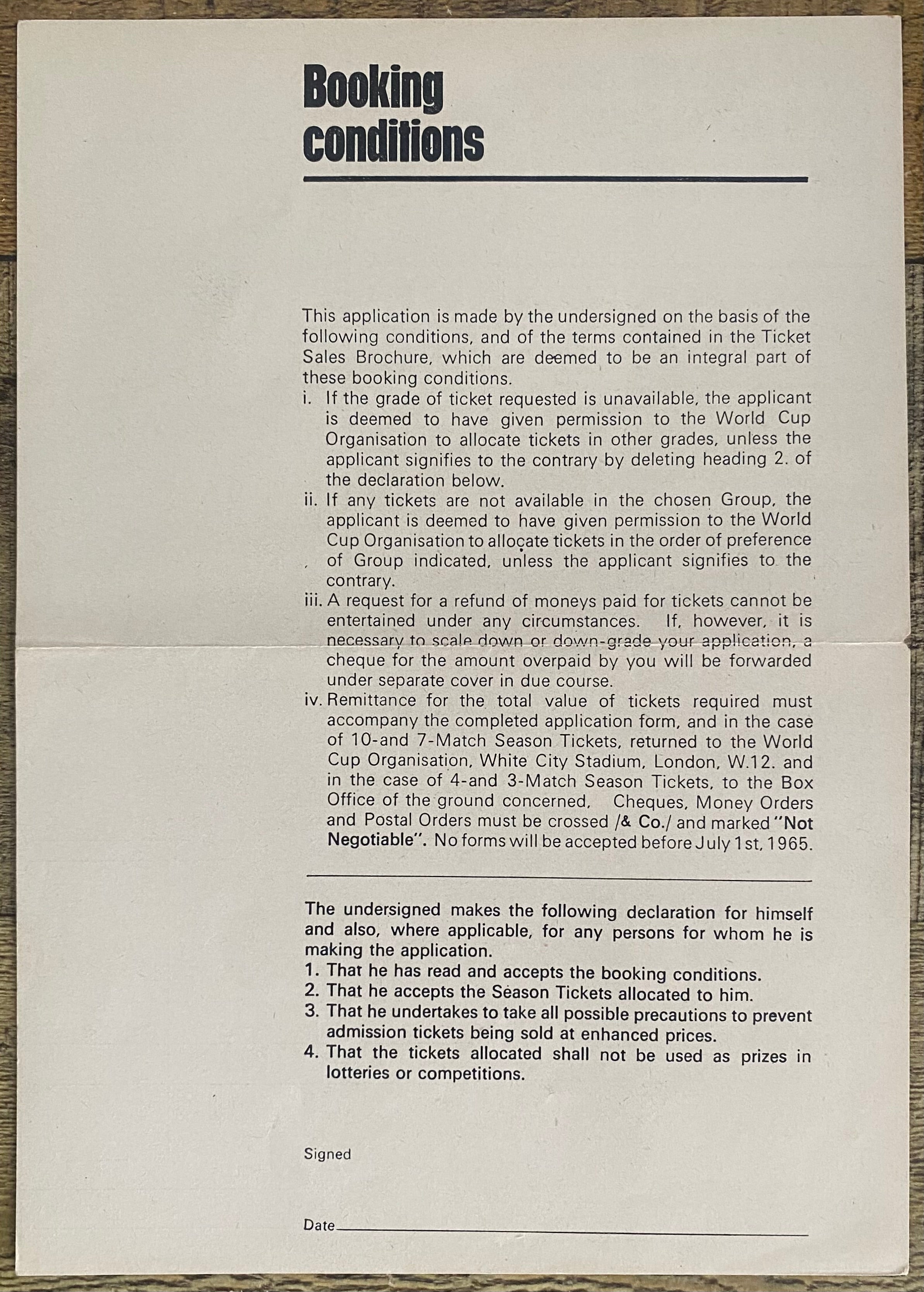 1966 WORLD CUP ORIGINAL OFFICIAL TICKET APPLICATION FORM