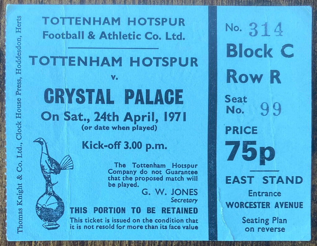1970/71 ORIGINAL DIVISION ONE TICKET TOTTENHAM HOTSPUR V CRYSTAL PALACE