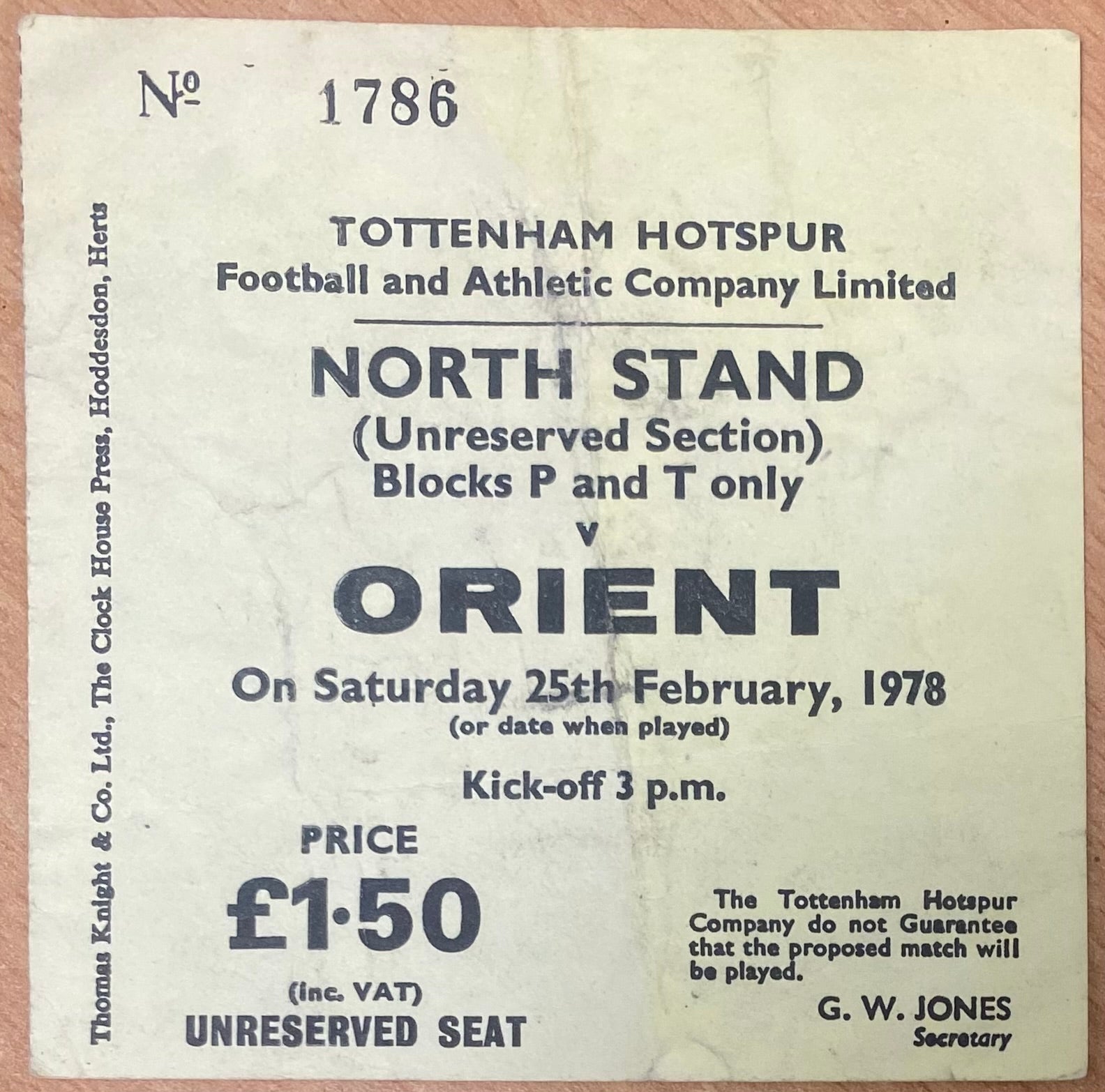 1977/78 ORIGINAL DIVISION TWO TICKET TOTTENHAM HOTSPUR V ORIENT