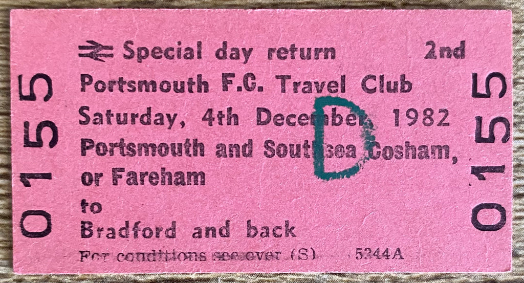 1982 ORIGINAL FOOTBALL SPECIAL BRITISH RAIL TRAIN TICKET PORTSMOUTH TRAVELLING TO BRADFORD