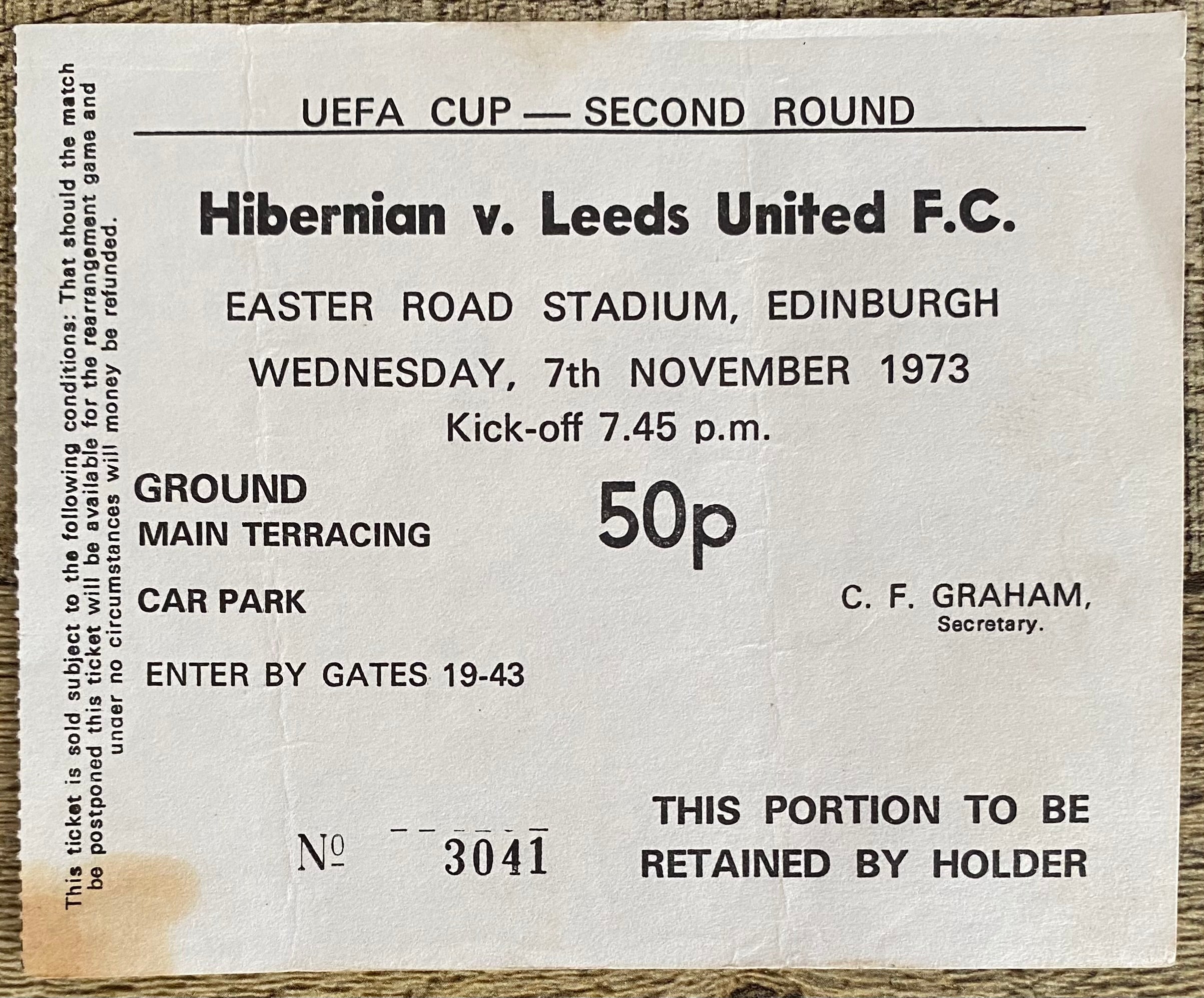 1973/74 ORIGINAL UEFA CUP 2ND ROUND 2ND LEG TICKET HIBERNIAN V LEEDS UNITED
