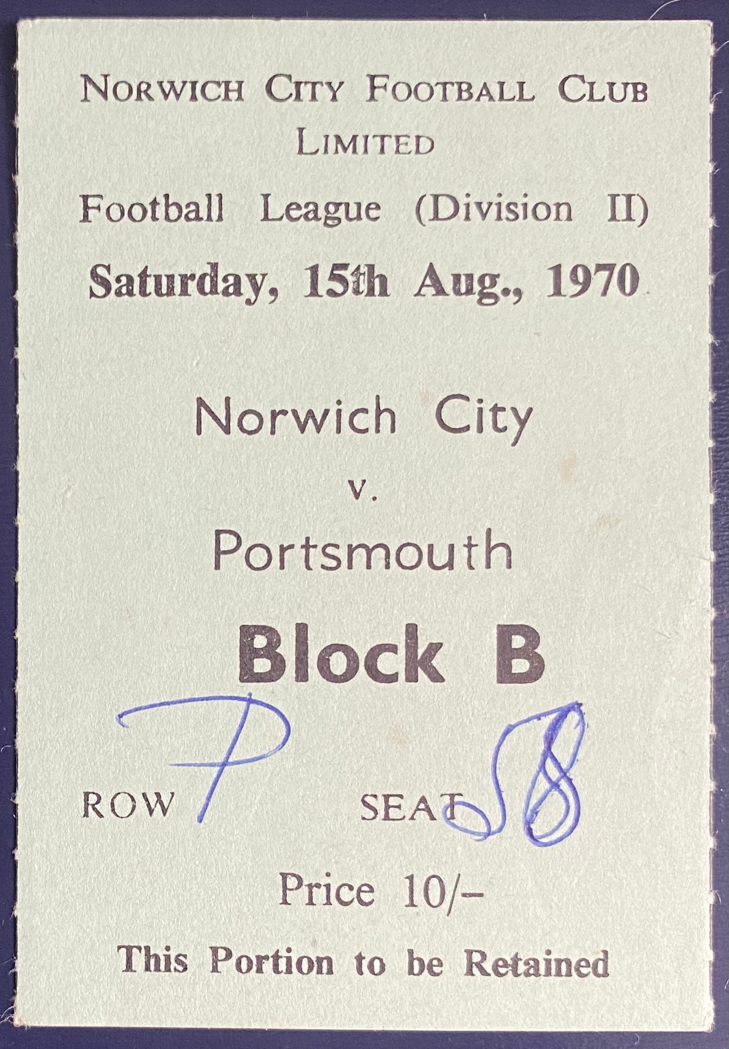 1970/71 ORIGINAL DIVISION 2 TICKET NORWICH CITY V PORTSMOUTH