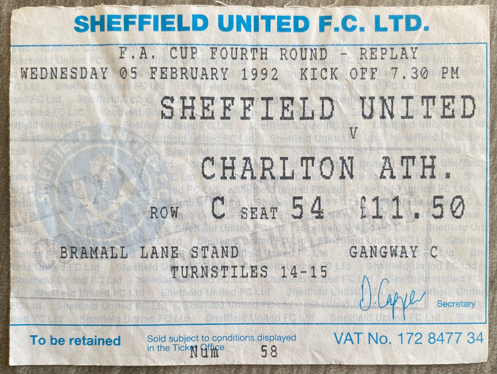 1991/92 ORIGINAL FA CUP 4TH ROUND REPLAY TICKET SHEFFIELD UNITED V CHARLTON ATHLETIC