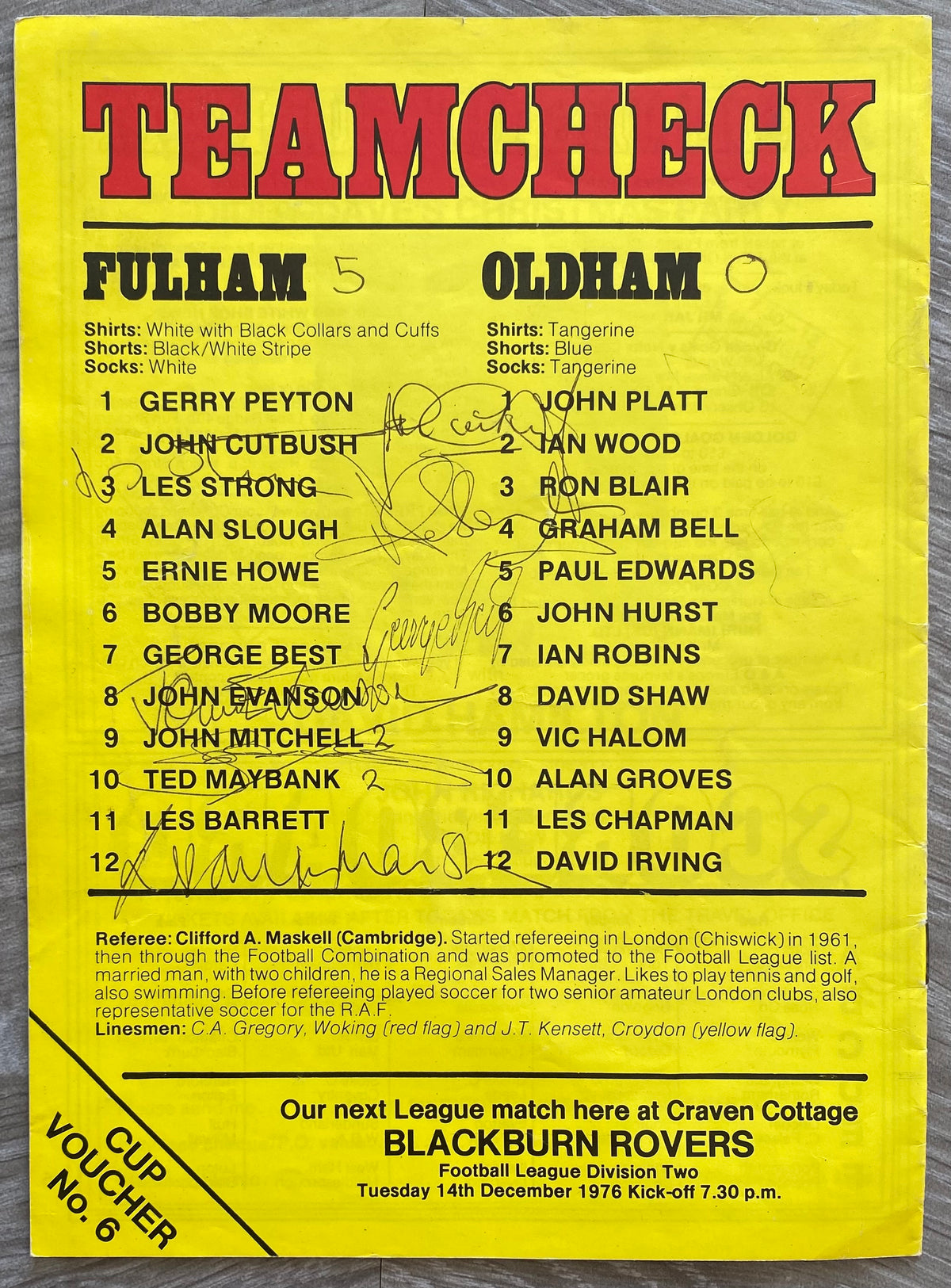 1976/77 ORIGINAL DIVISION 2 PROGRAMME FULHAM V OLDHAM ATHLETIC (SIGNED BY GEORGE BEST AND RODNEY MARSH)