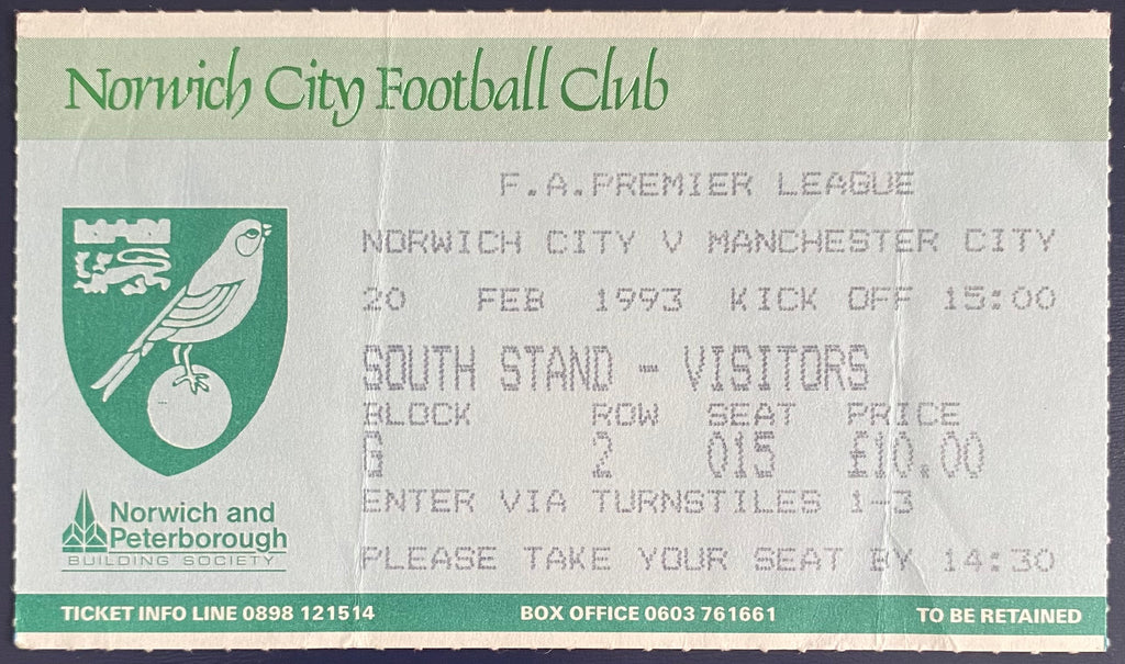 1992/93 ORIGINAL FA PREMIER LEAGUE TICKET NORWICH CITY V MANCHESTER CITY