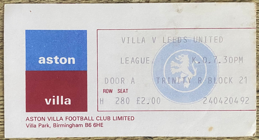 1977/78 ORIGINAL DIVISION 1 TICKET ASTON VILLA V LEEDS UNITED