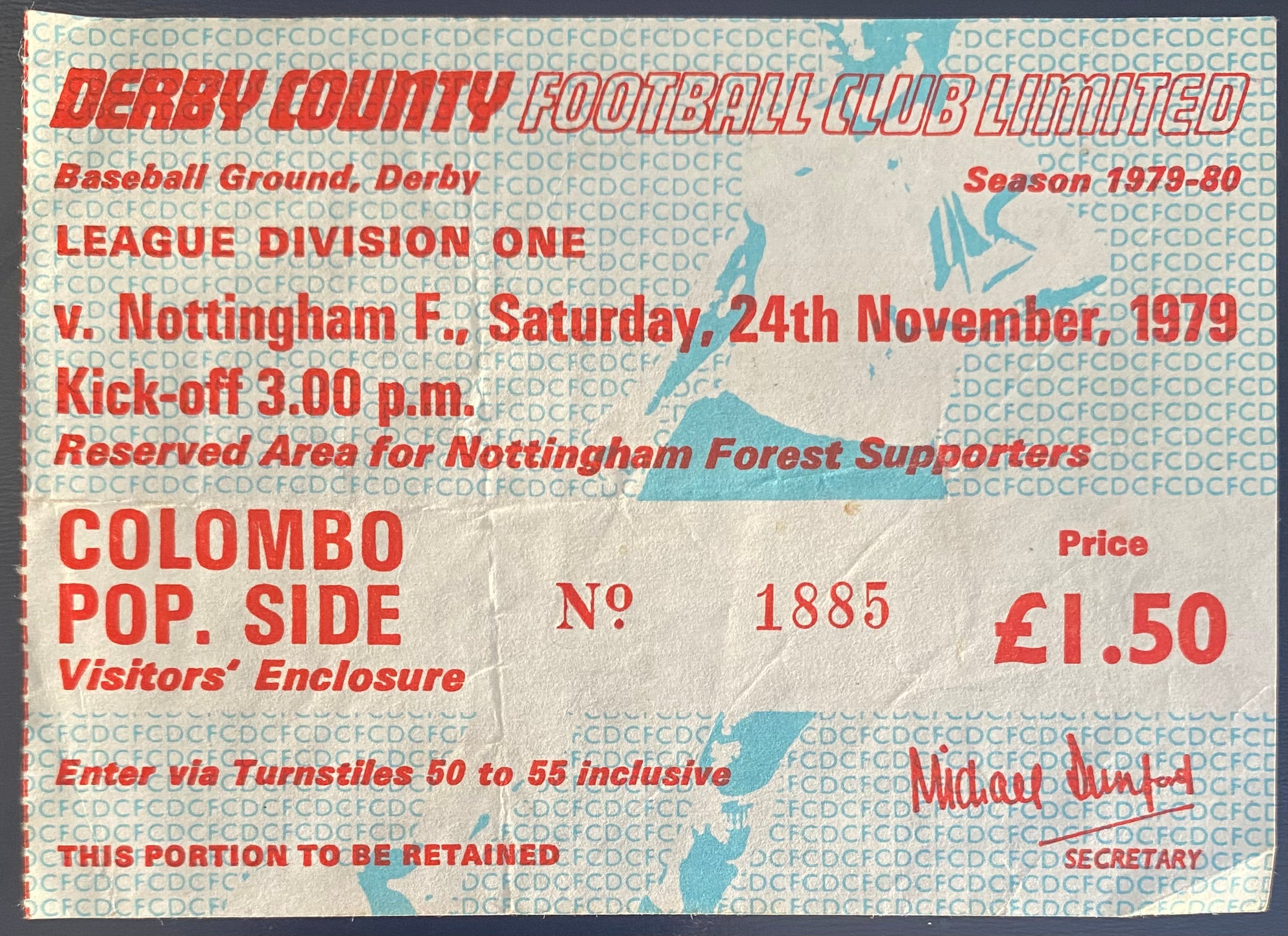 1979/80 ORIGINAL DIVISION 1 TICKET DERBY COUNTY V NOTTINGHAM FOREST