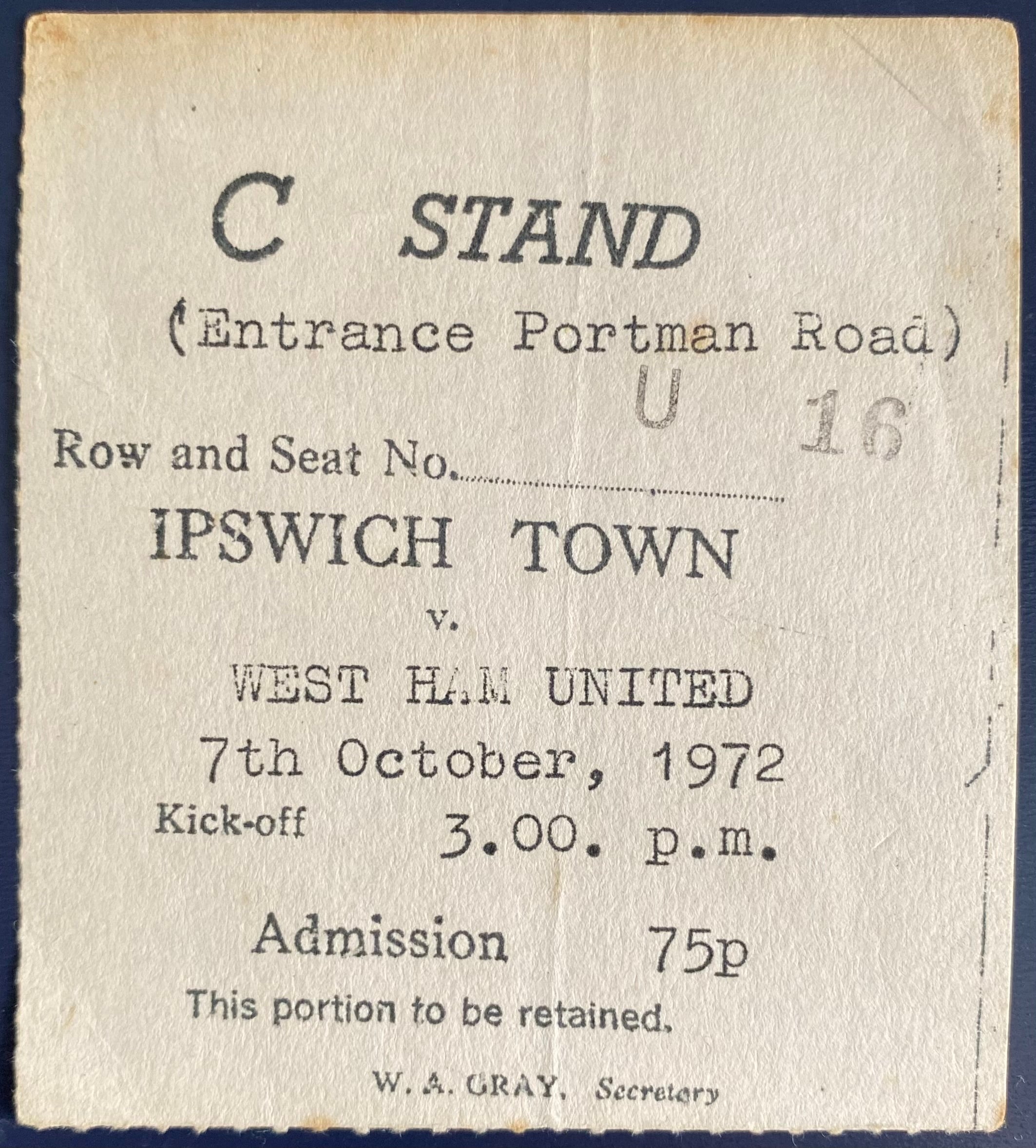1972/73 ORIGINAL DIVISION 1 TICKET IPSWICH TOWN V WEST HAM UNITED