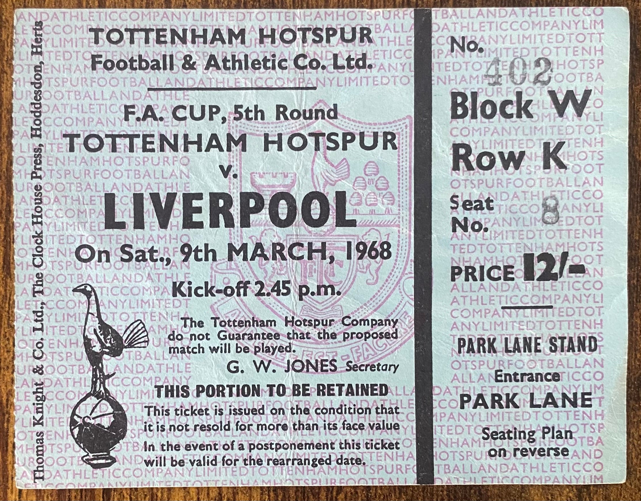 1967/68 ORIGINAL FA CUP 5TH ROUND TICKET TOTTENHAM HOTSPUR V LIVERPOOL
