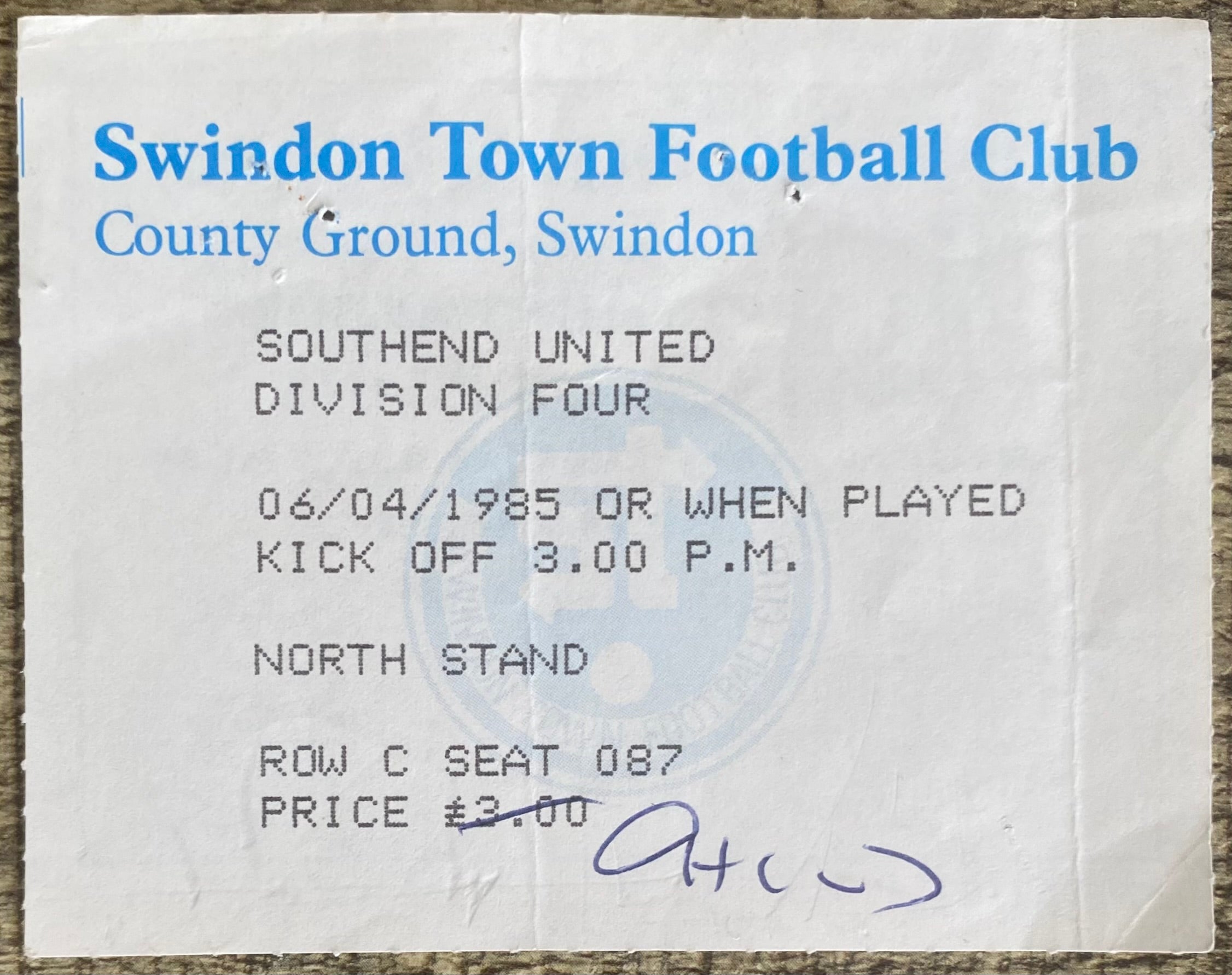 1984/85 ORIGINAL DIVISION 4 TICKET SWINDON TOWN V SOUTHEND UNITED
