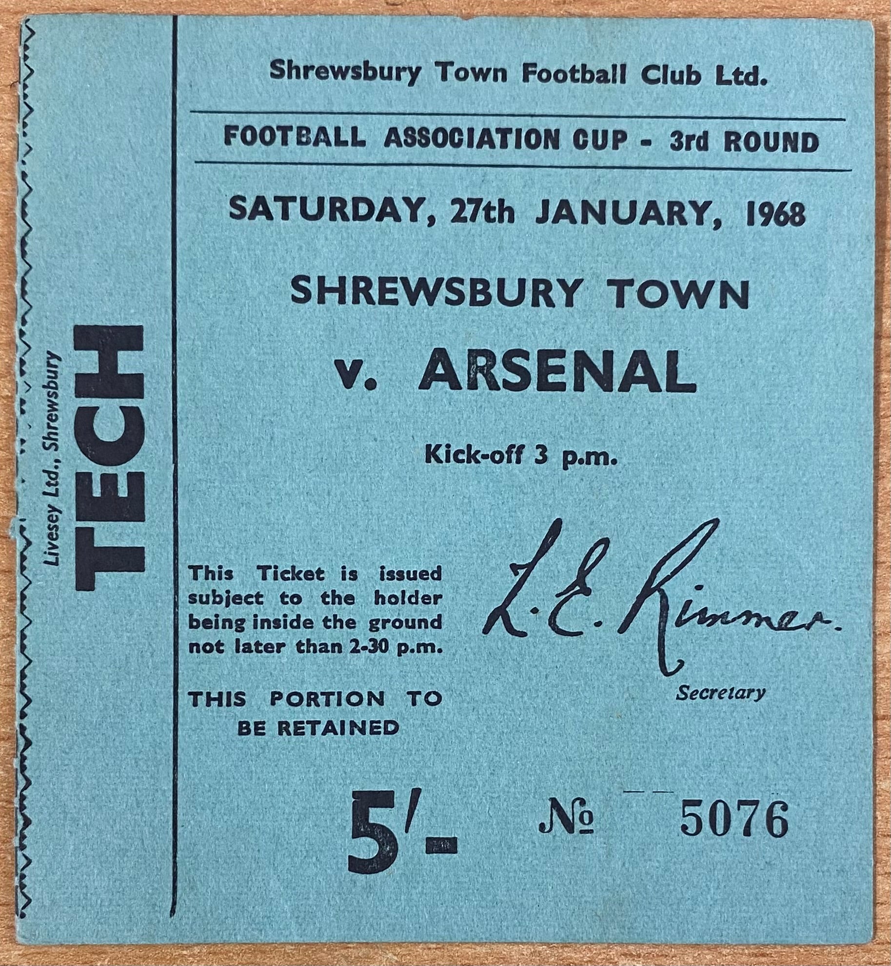 1967/68 ORIGINAL FA CUP 3RD ROUND TICKET SHREWSBURY TOWN V ARSENAL