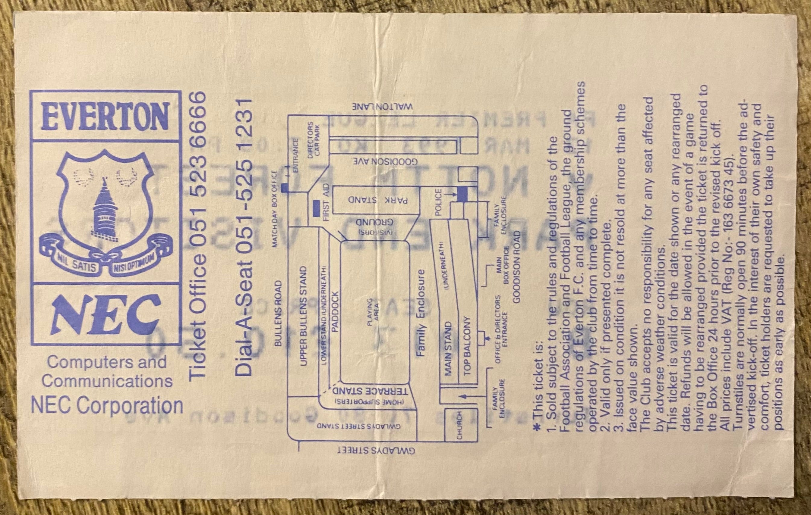 1992/93 ORIGINAL PREMIER LEAGUE TICKET EVERTON V NOTTINGHAM FOREST