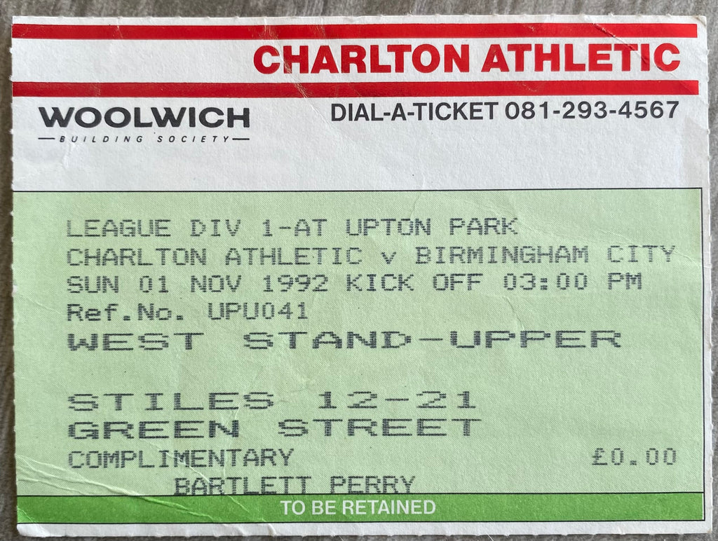1992/93 ORIGINAL DIVISION 1 TICKET CHARLTON ATHLETIC V BIRMINGHAM CITY