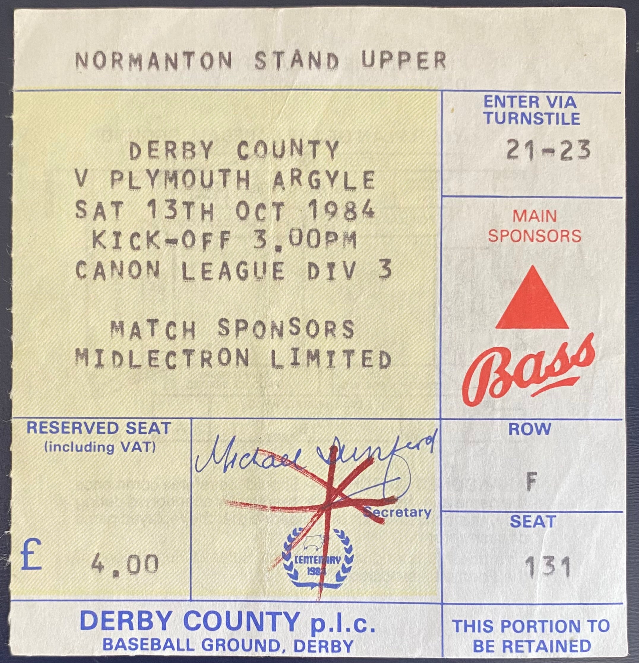 1984/85 ORIGINAL DIVISION 3 TICKET DERBY COUNTY V PLYMOUTH ARGYLE
