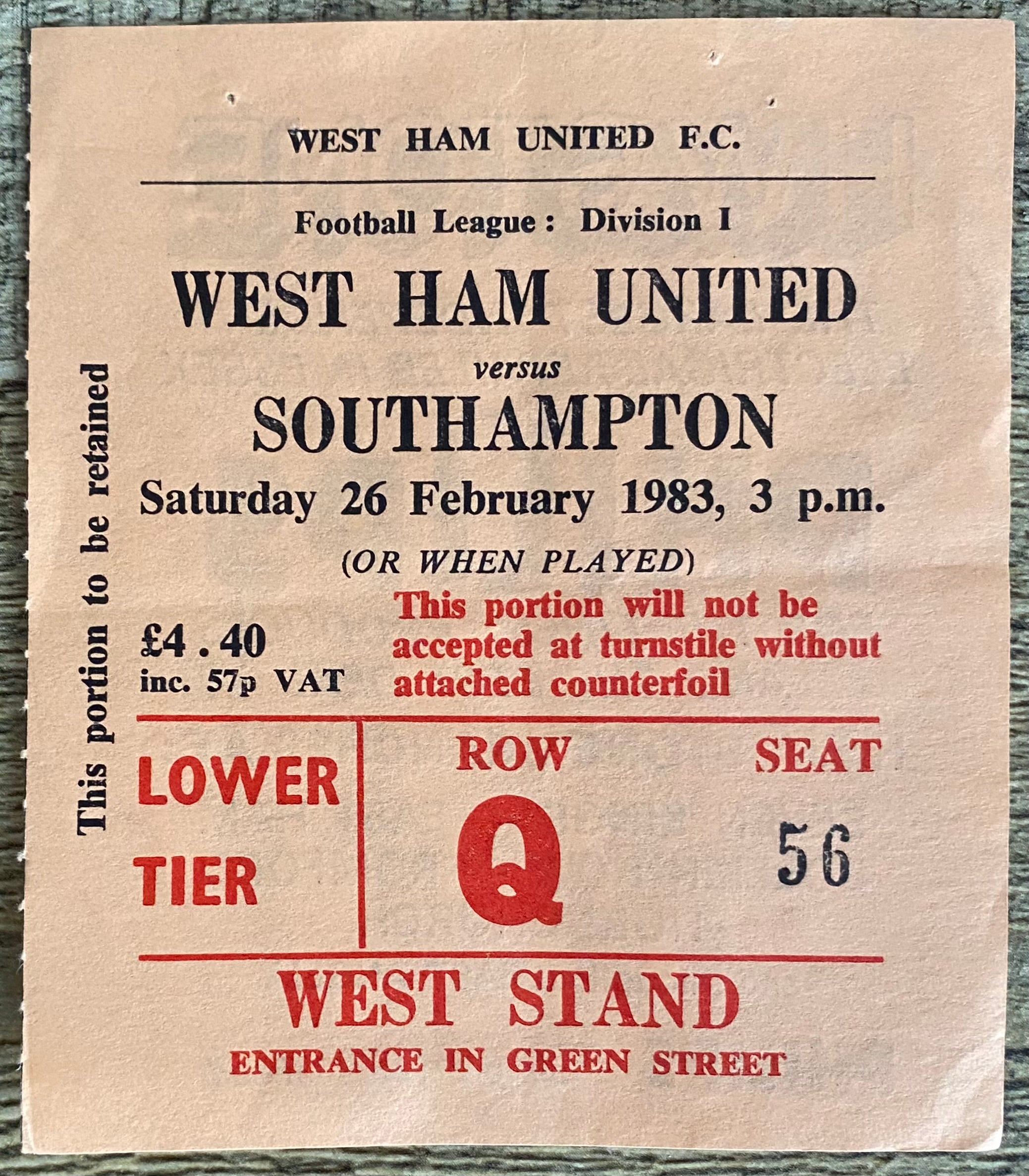1982/83 ORIGINAL DIVISION 1 TICKET WEST HAM UNITED V SOUTHAMPTON