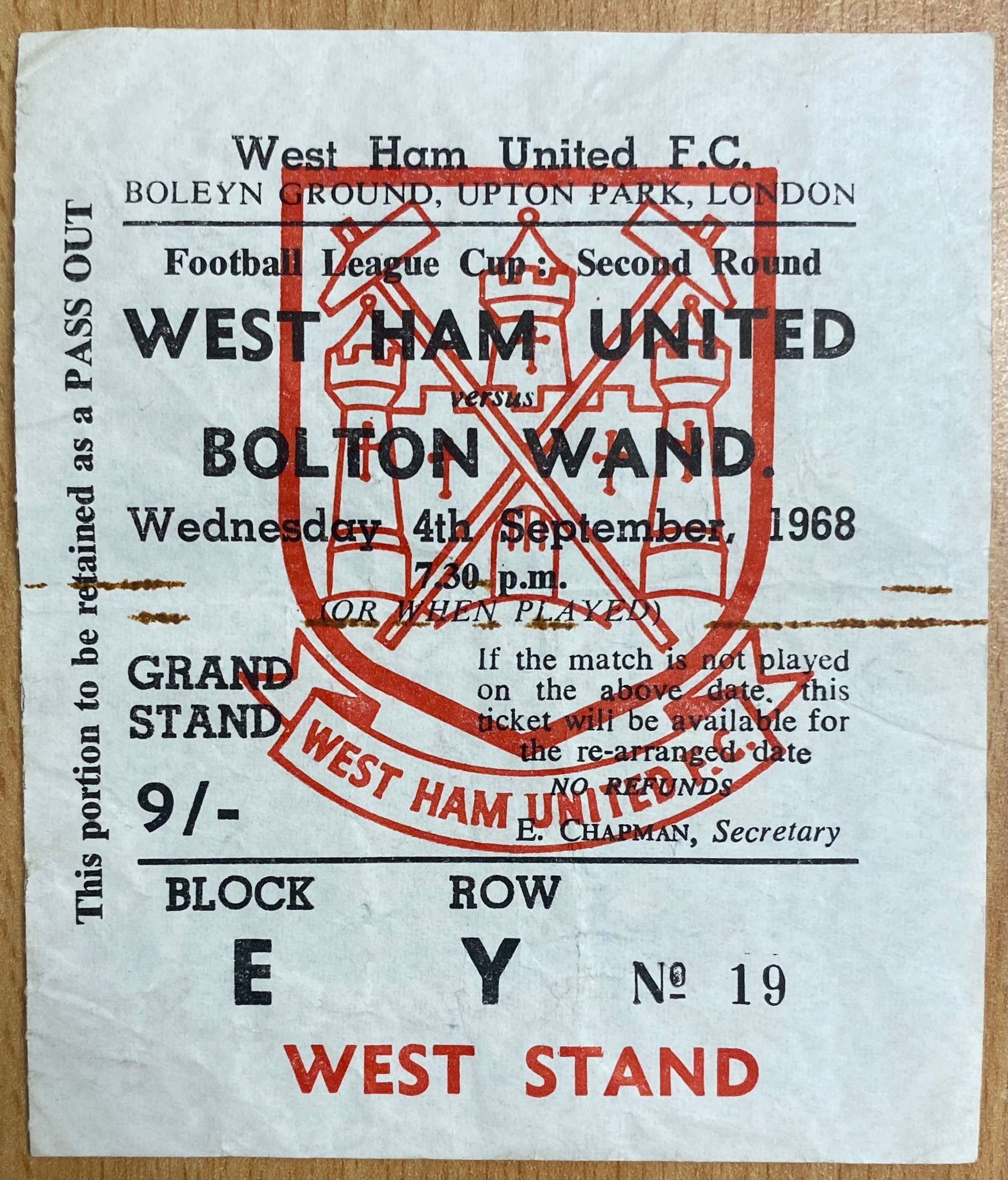 1968/69 ORIGINAL LEAGUE CUP 2ND ROUND TICKET WEST HAM UNITED V BOLTON WANDERERS