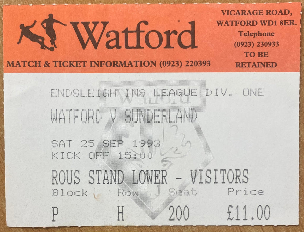 1993/94 ORIGINAL DIVISION 1 TICKET WATFORD V SUNDERLAND
