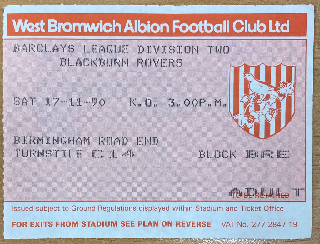 1990/91 ORIGINAL DIVISION 2 TICKET WEST BROMWICH ALBION V BLACKBURN ROVERS