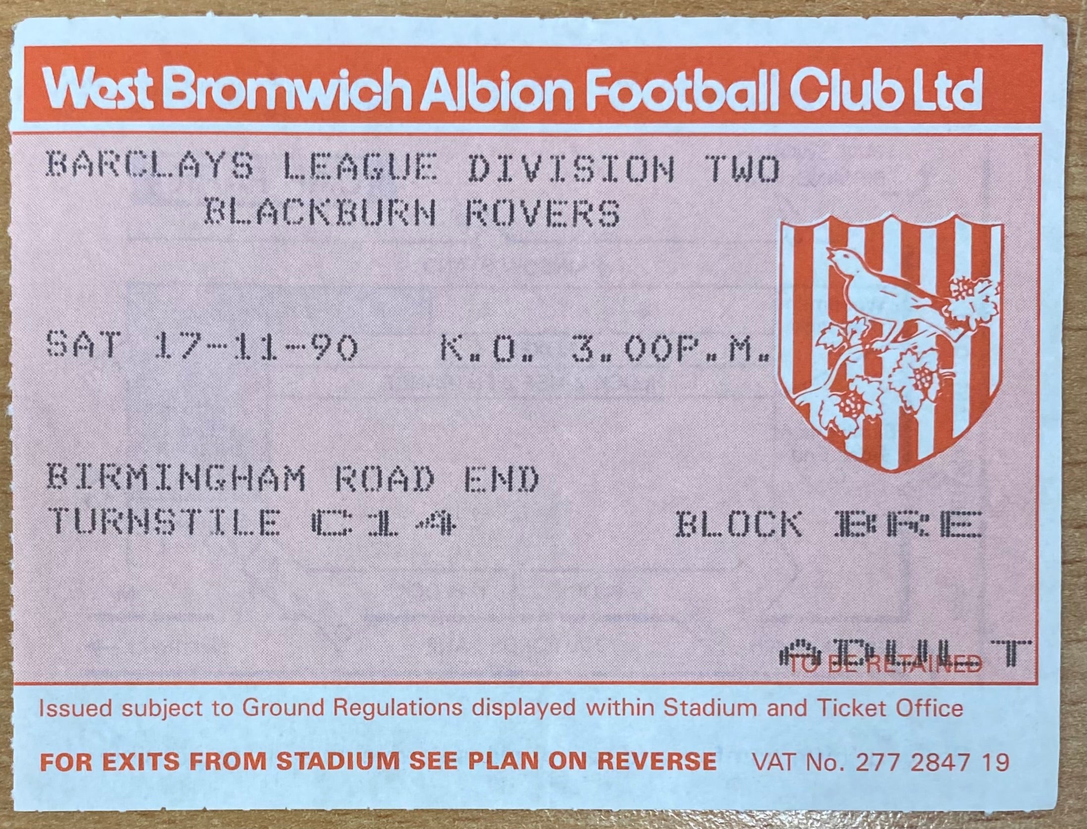 1990/91 ORIGINAL DIVISION 2 TICKET WEST BROMWICH ALBION V BLACKBURN ROVERS