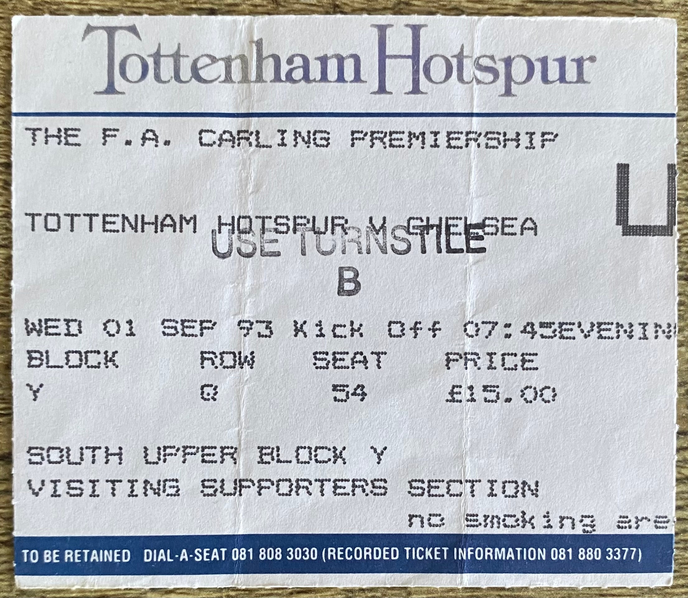 1993/94 ORIGINAL FA PREMIERSHIP TICKET TOTTENHAM HOTSPUR V CHELSEA