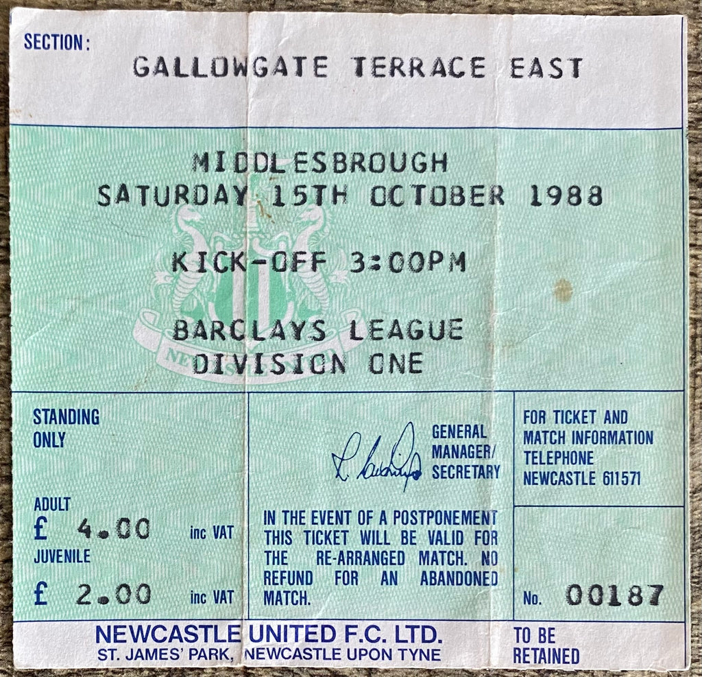 1988/89 ORIGINAL DIVISION 1 TICKET NEWCASTLE UNITED V MIDDLESBROUGH