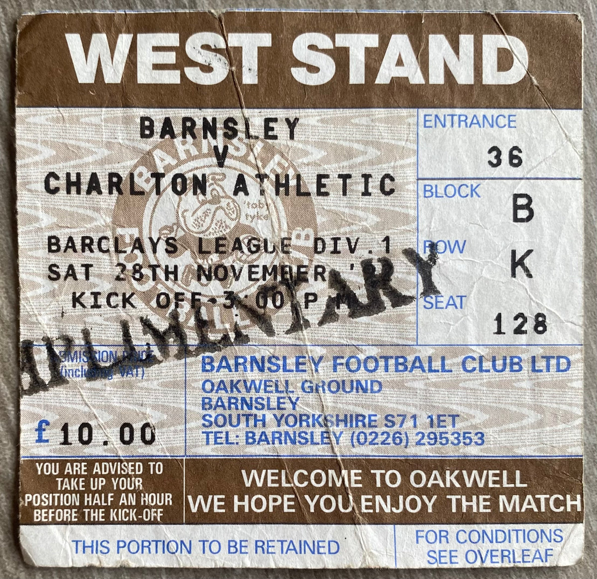 1992/93 ORIGINAL DIVISION 1 TICKET BARNSLEY V CHARLTON ATHLETIC