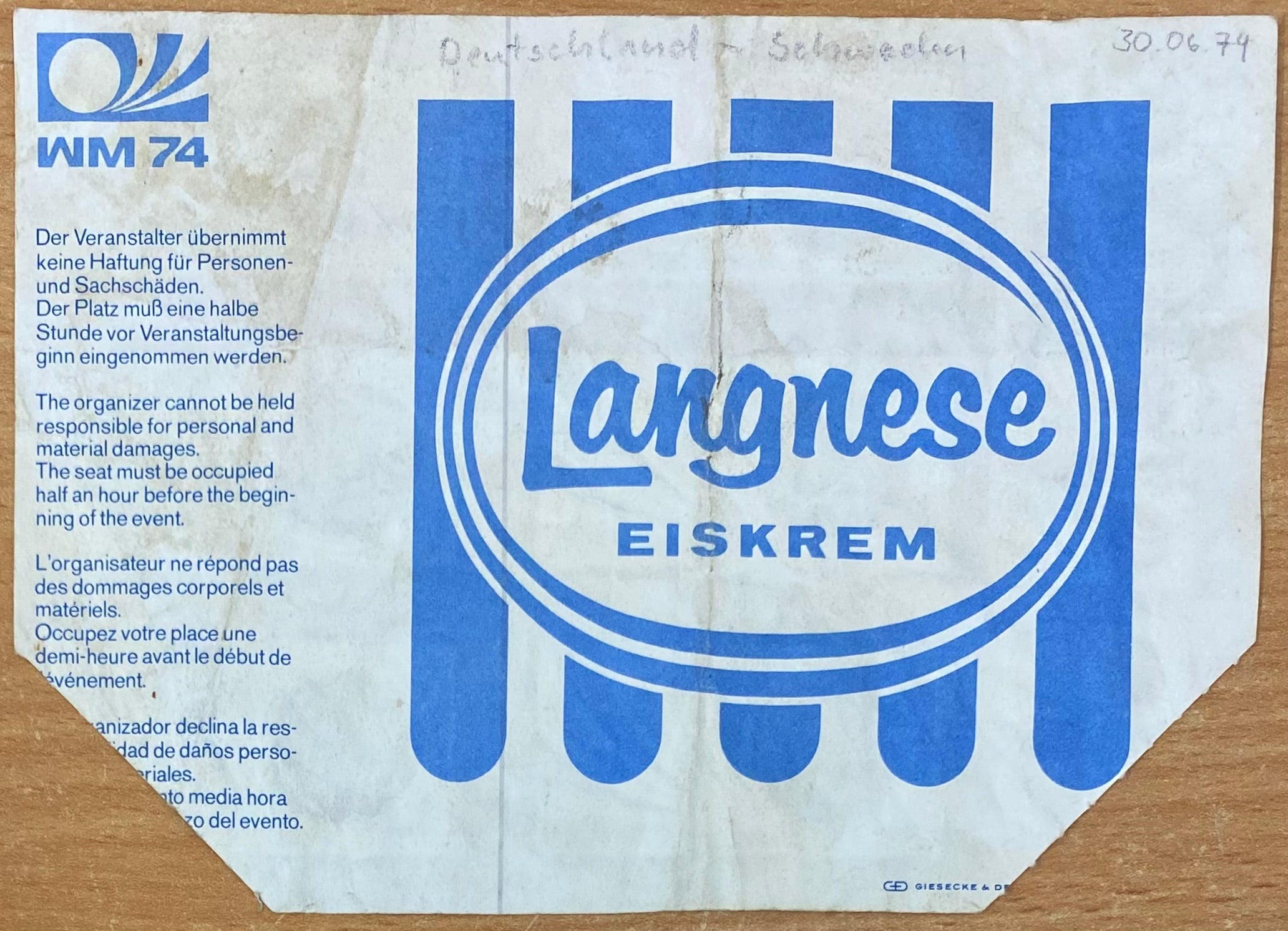 1974 ORIGINAL WORLD CUP 2ND ROUND TICKET WEST GERMANY V SWEDEN @ DUSSELDORF