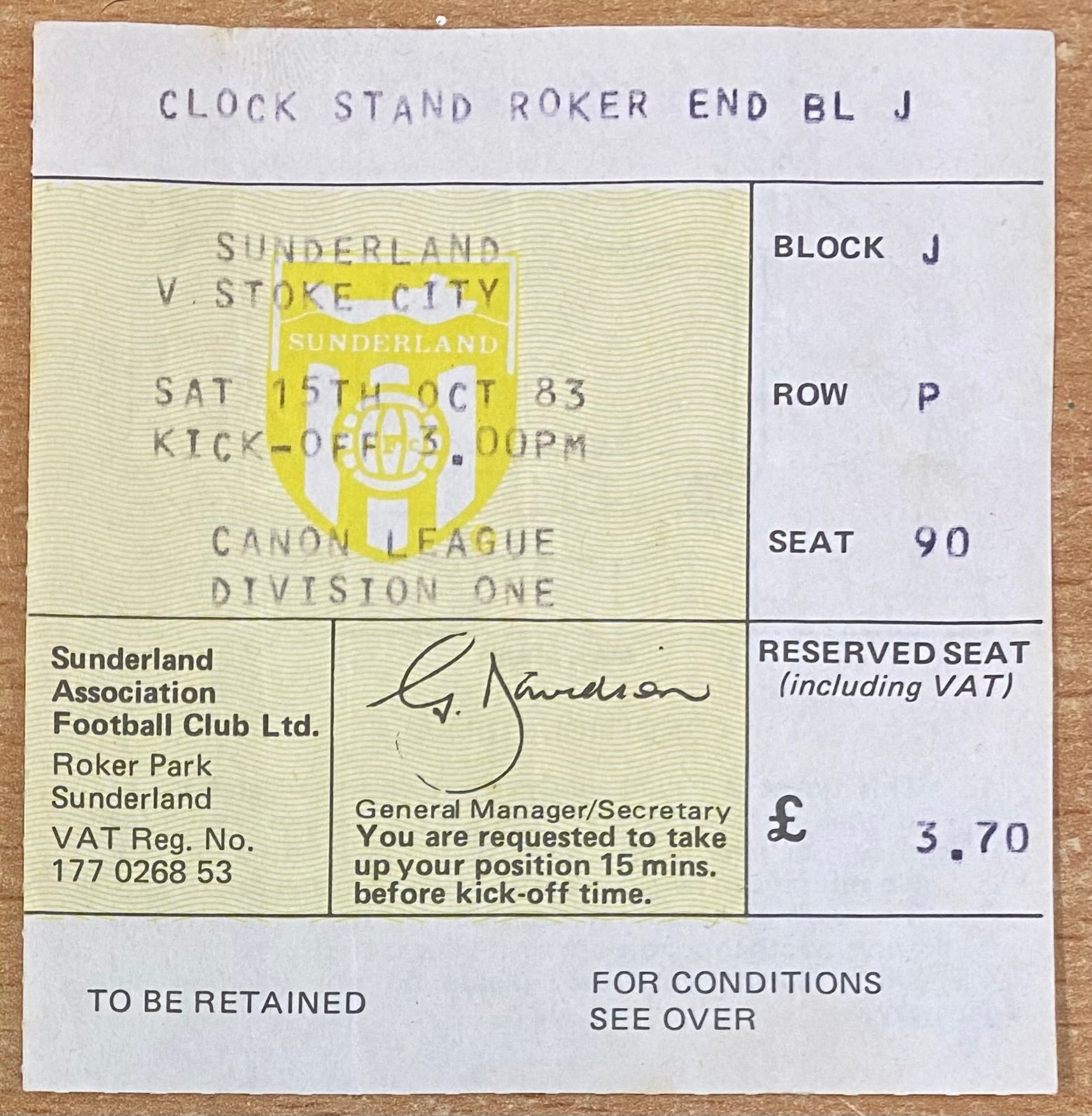 1983/84 ORIGINAL DIVISION 1 TICKET SUNDERLAND V STOKE CITY
