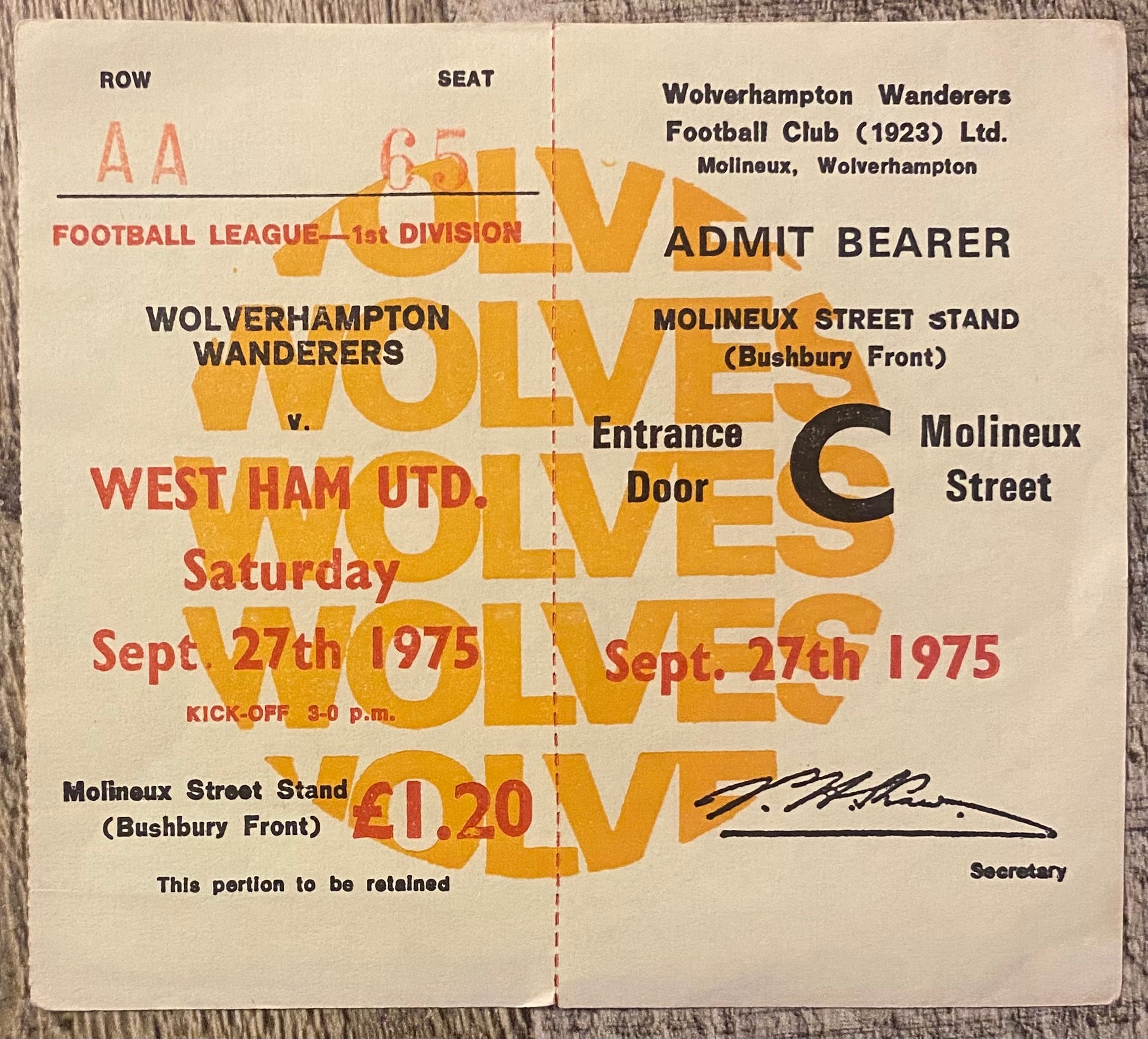 1975/76 ORIGINAL DIVISION ONE TICKET WOLVERHAMPTON WANDERERS V WEST HAM UNITED