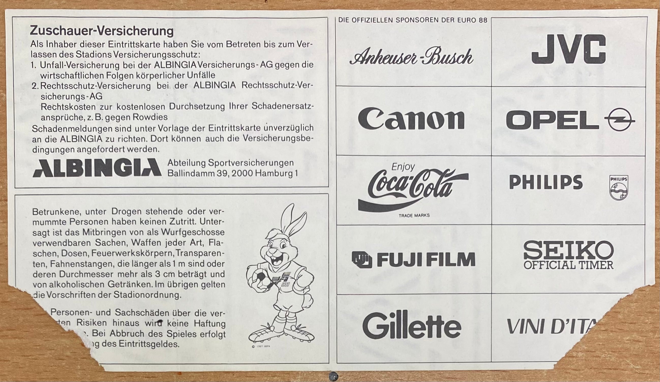1988 ORIGINAL EURO 88 TICKET ENGLAND V NETHERLANDS @ DUSSELDORF