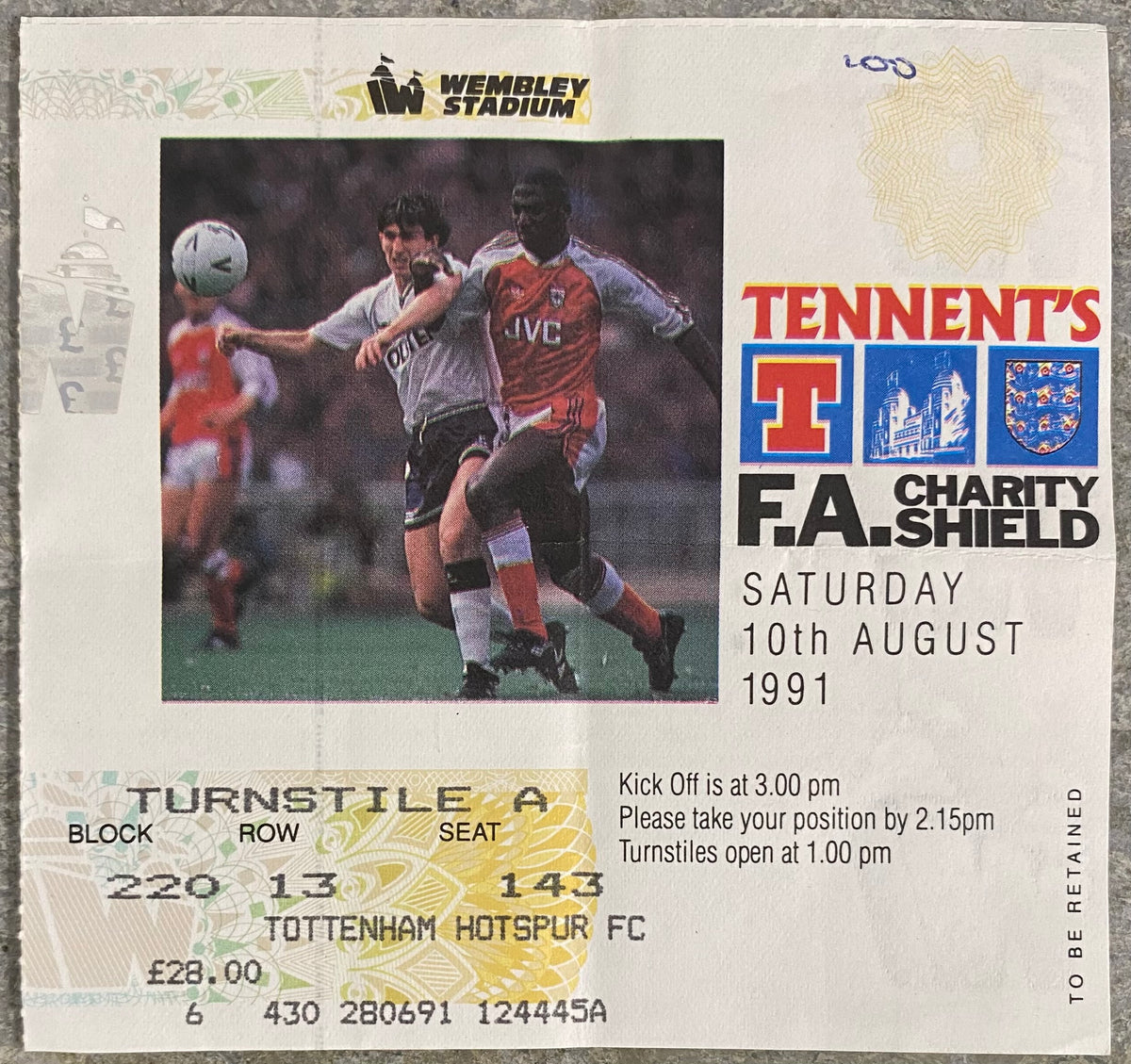 1991 ORIGINAL CHARITY SHIELD TICKET ARSENAL V TOTTENHAM HOTSPUR