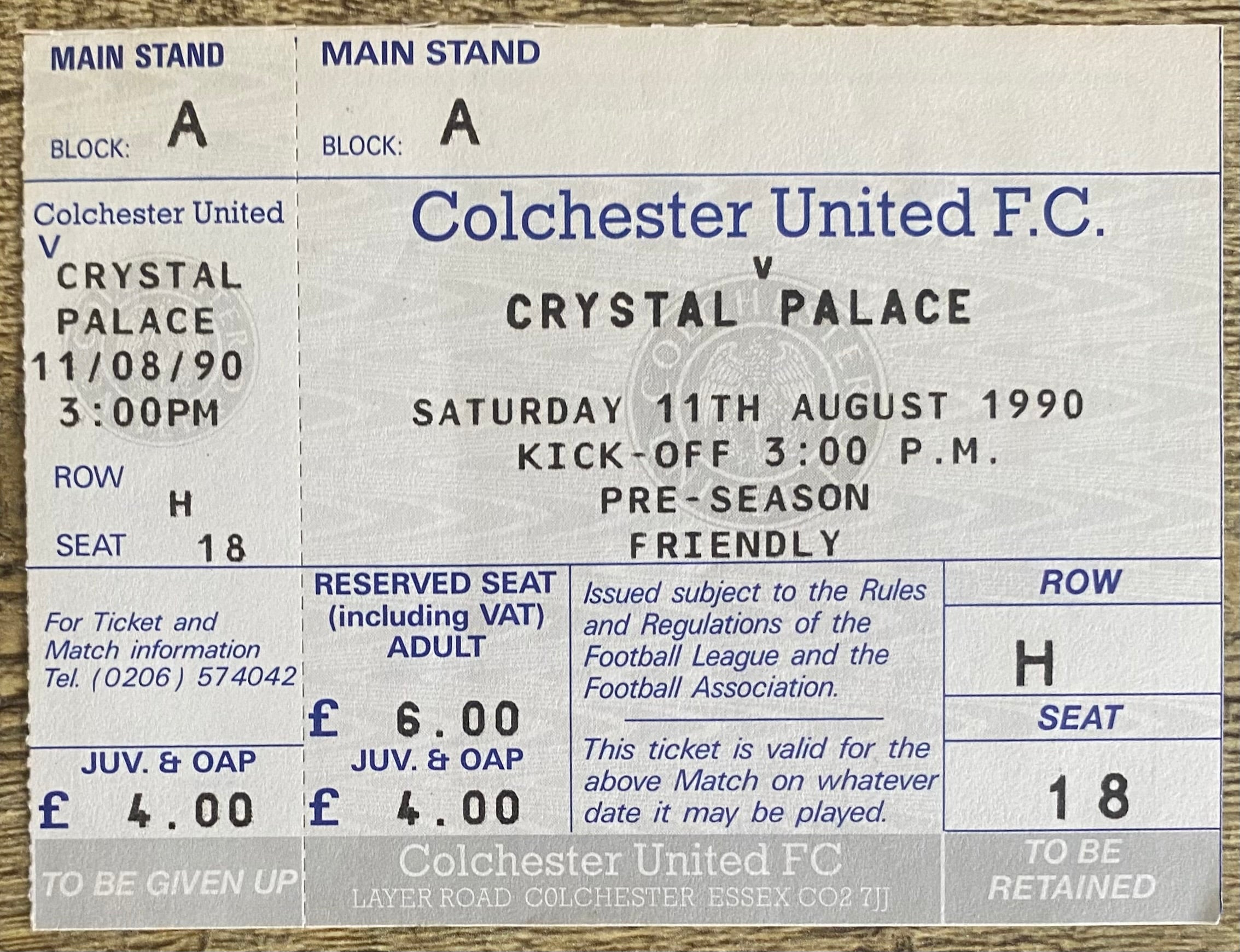 1990/91 ORIGINAL UNUSED FRIENDLY TICKET COLCHESTER UNITED V CRYSTAL PALACE