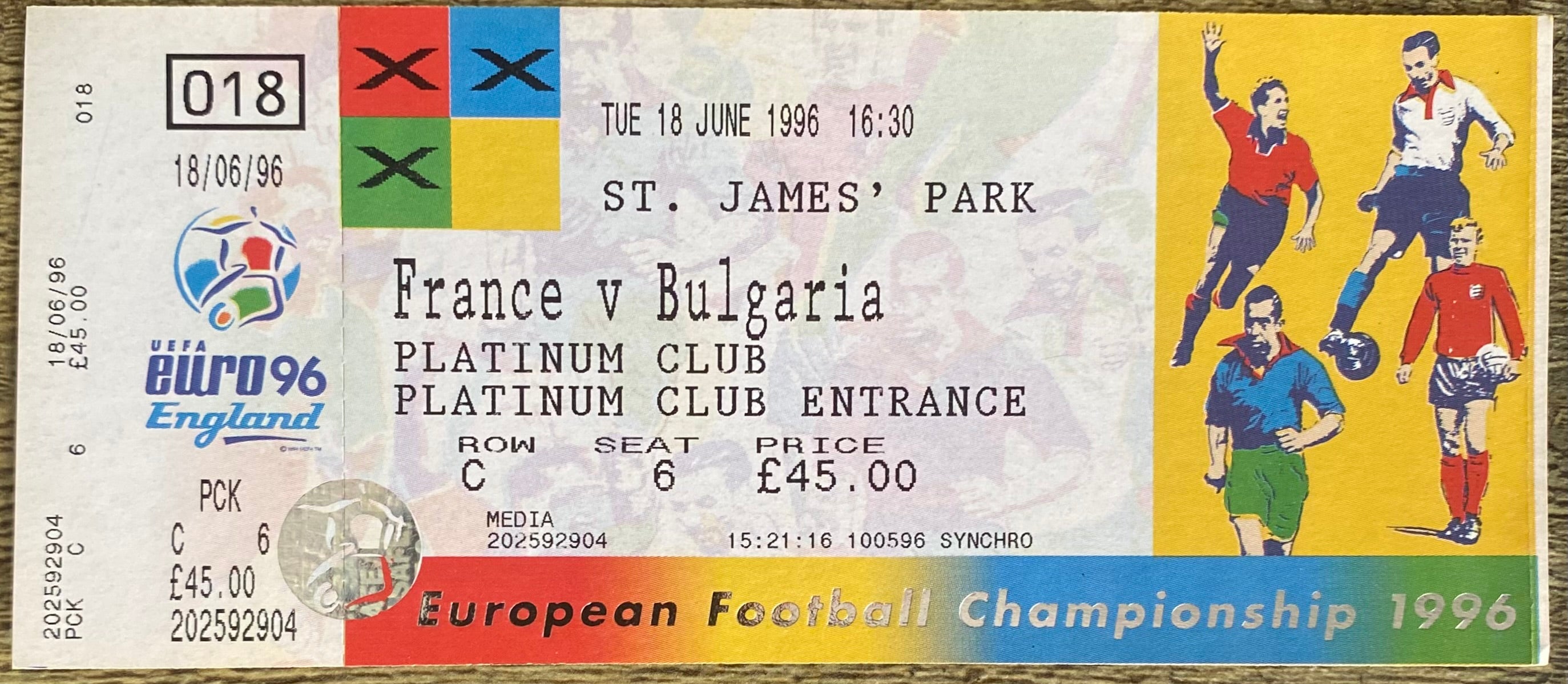 1996 ORIGINAL EUROPEAN CHAMPIONSHIPS EURO 96 UNUSED TICKET FRANCE V BULGARIA @ ST JAMES' PARK