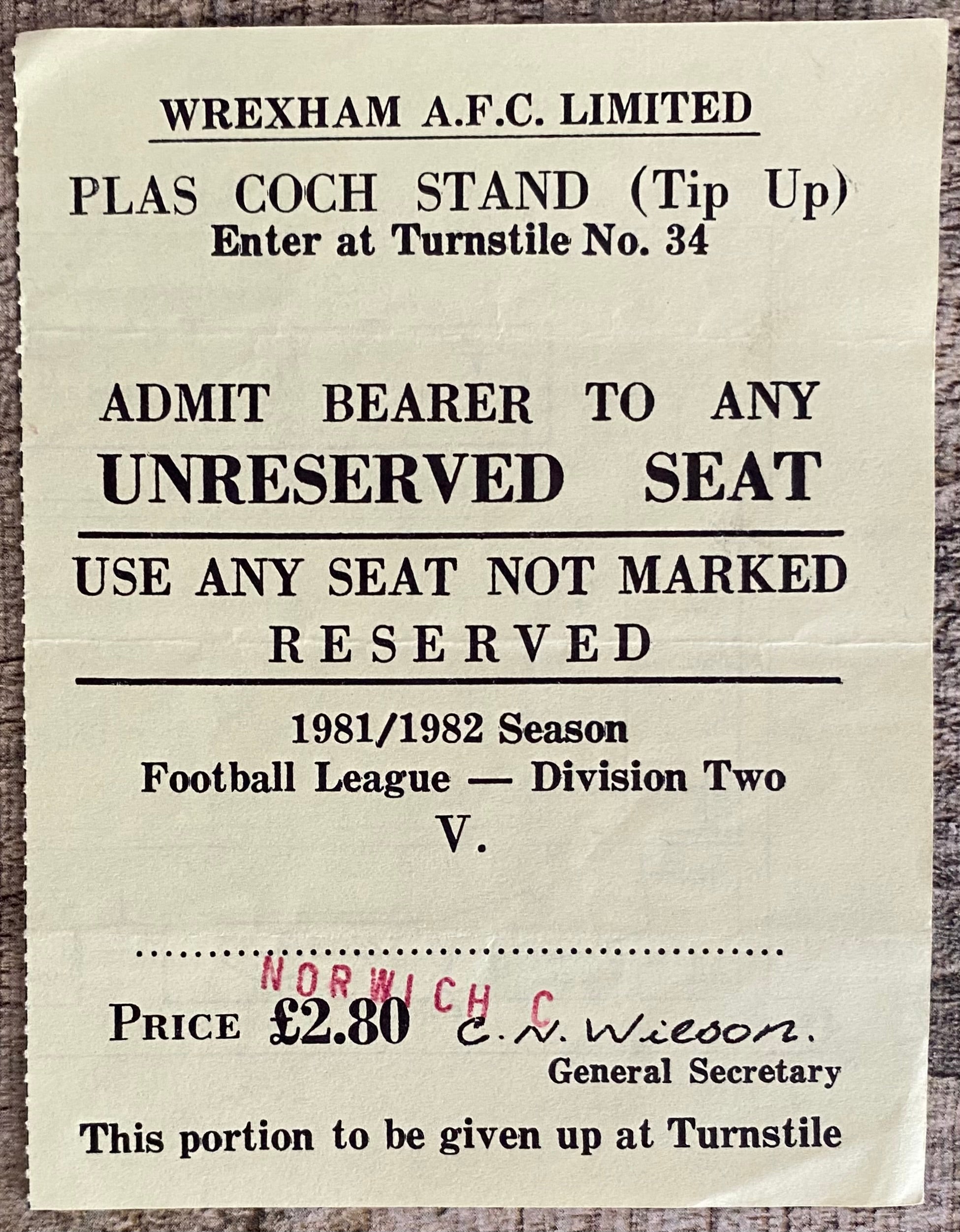 1981/82 ORIGINAL DIVISION 2 TICKET WREXHAM V NORWICH CITY