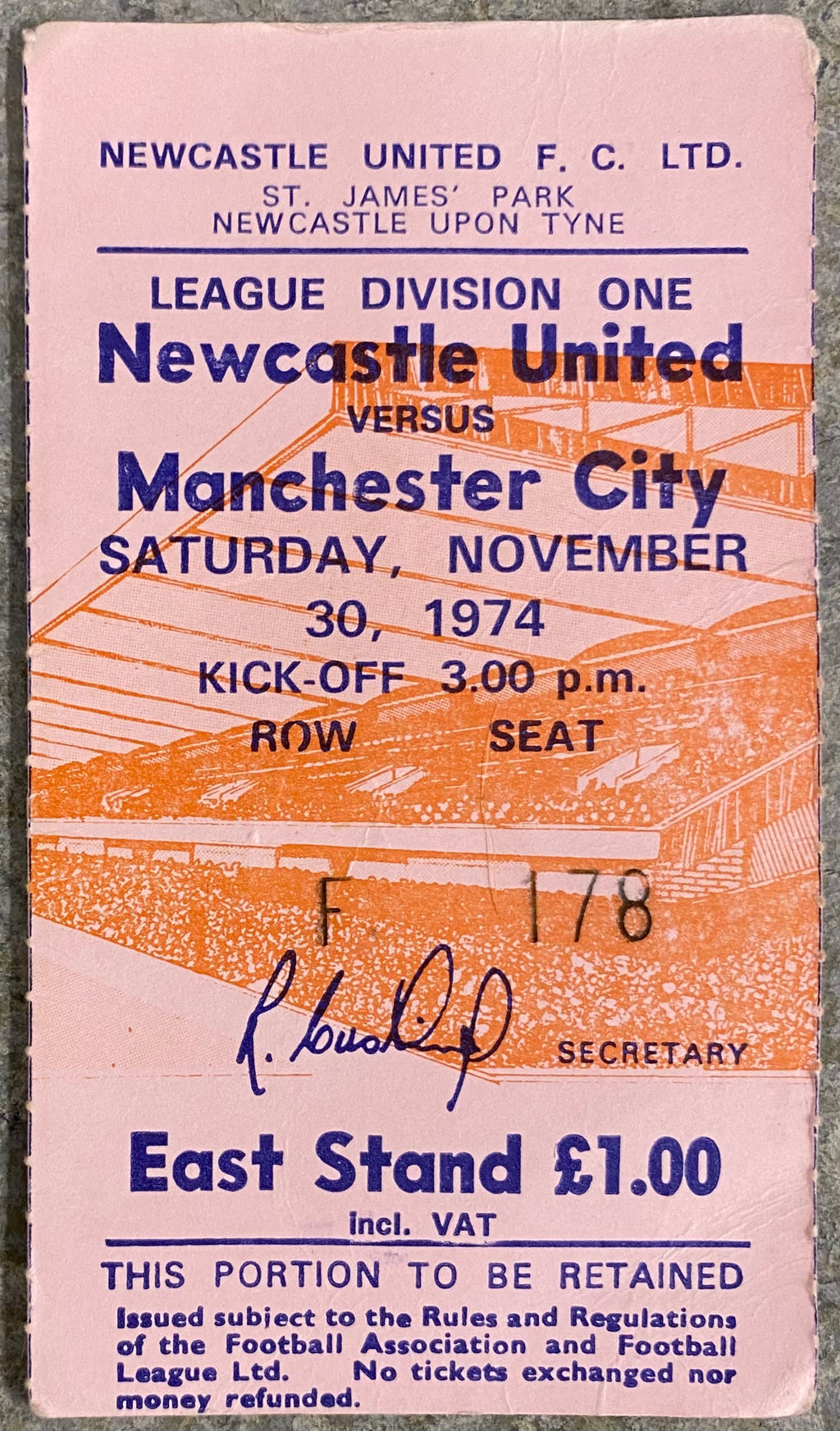 1974/75 ORIGINAL DIVISION 1 TICKET NEWCASTLE UNITED V MANCHESTER CITY