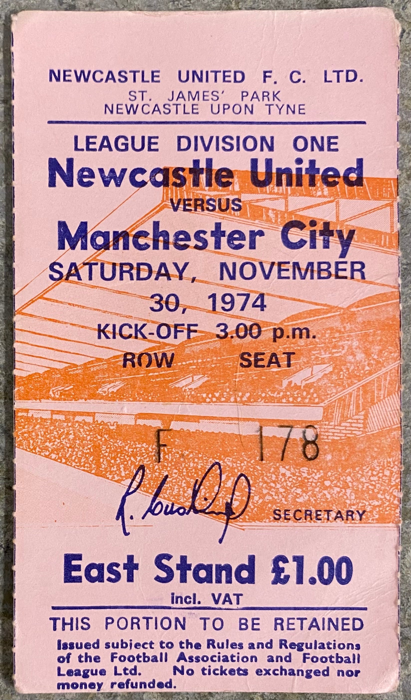 1974/75 ORIGINAL DIVISION 1 TICKET NEWCASTLE UNITED V MANCHESTER CITY