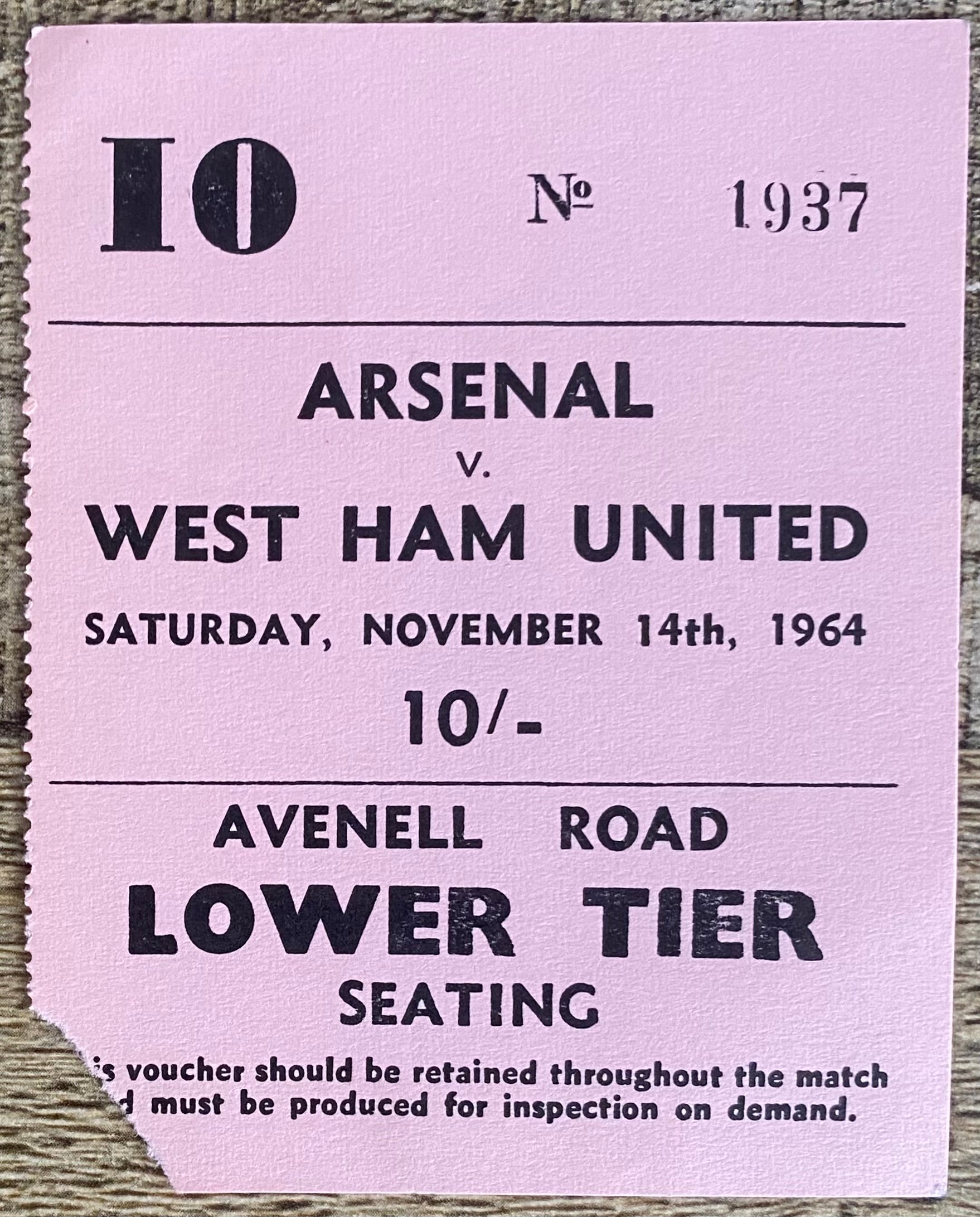 1964/65 ORIGINAL DIVISION ONE TICKET ARSENAL V WEST HAM UNITED