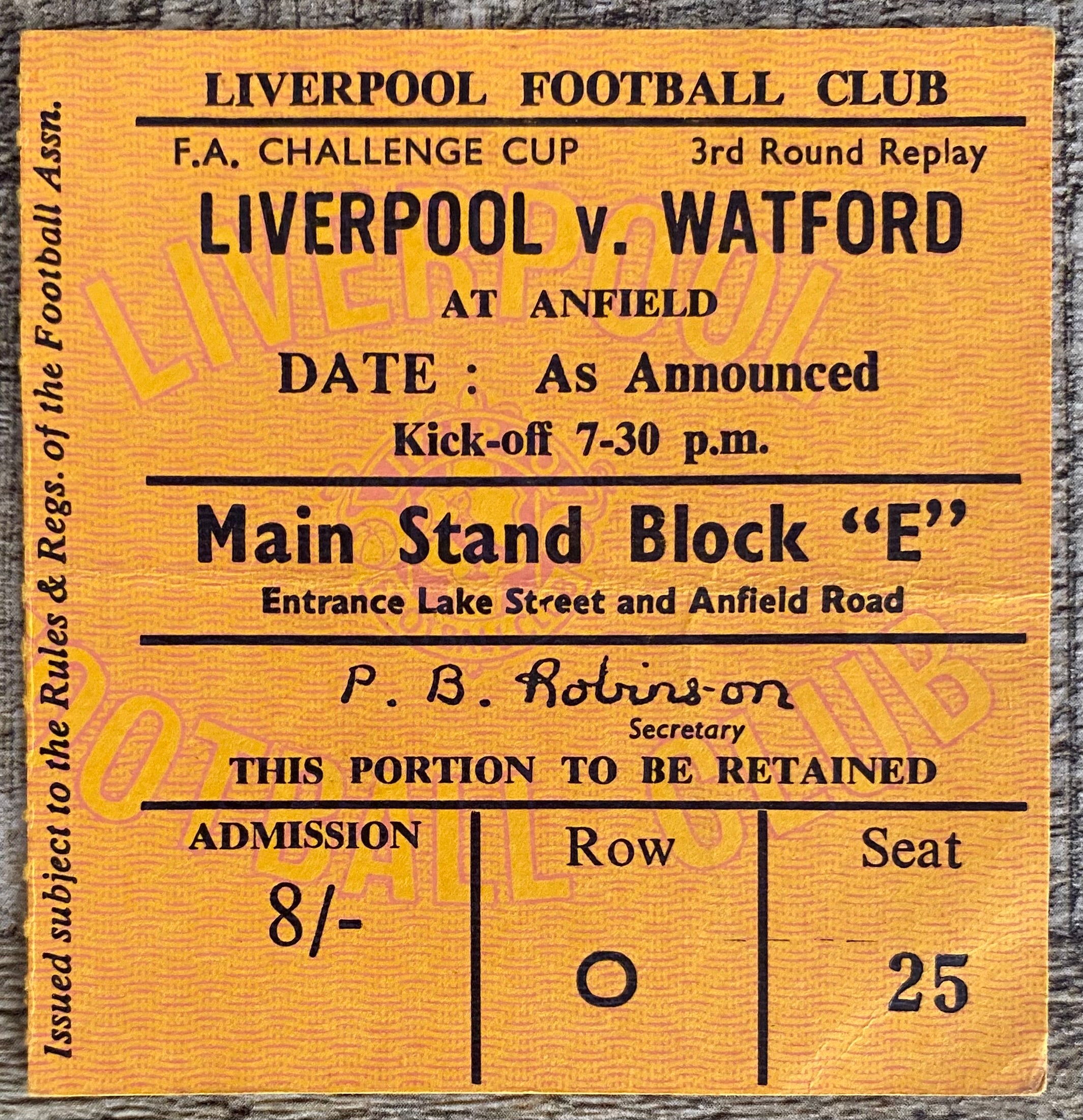 1966/67 ORIGINAL FA CUP 3RD ROUND REPLAY TICKET LIVERPOOL V WATFORD