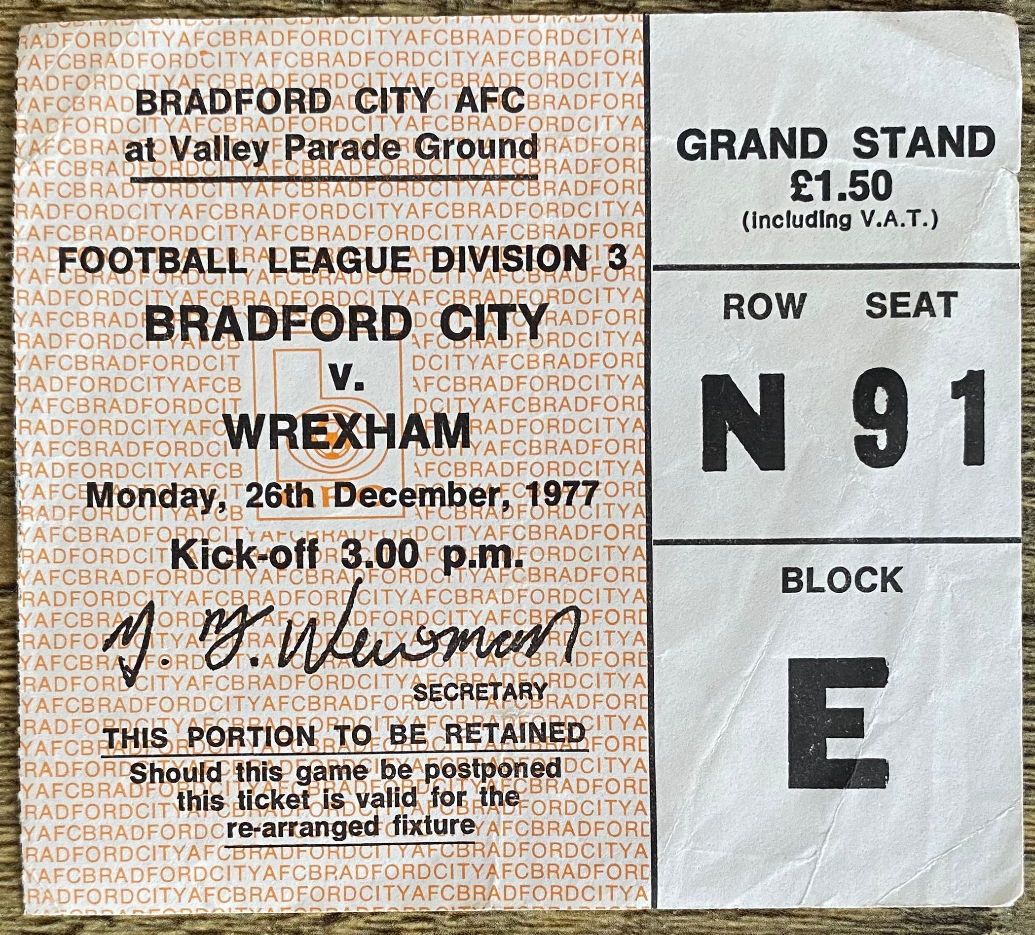 1977/78 ORIGINAL DIVISION 3 TICKET BRADFORD CITY V WREXHAM