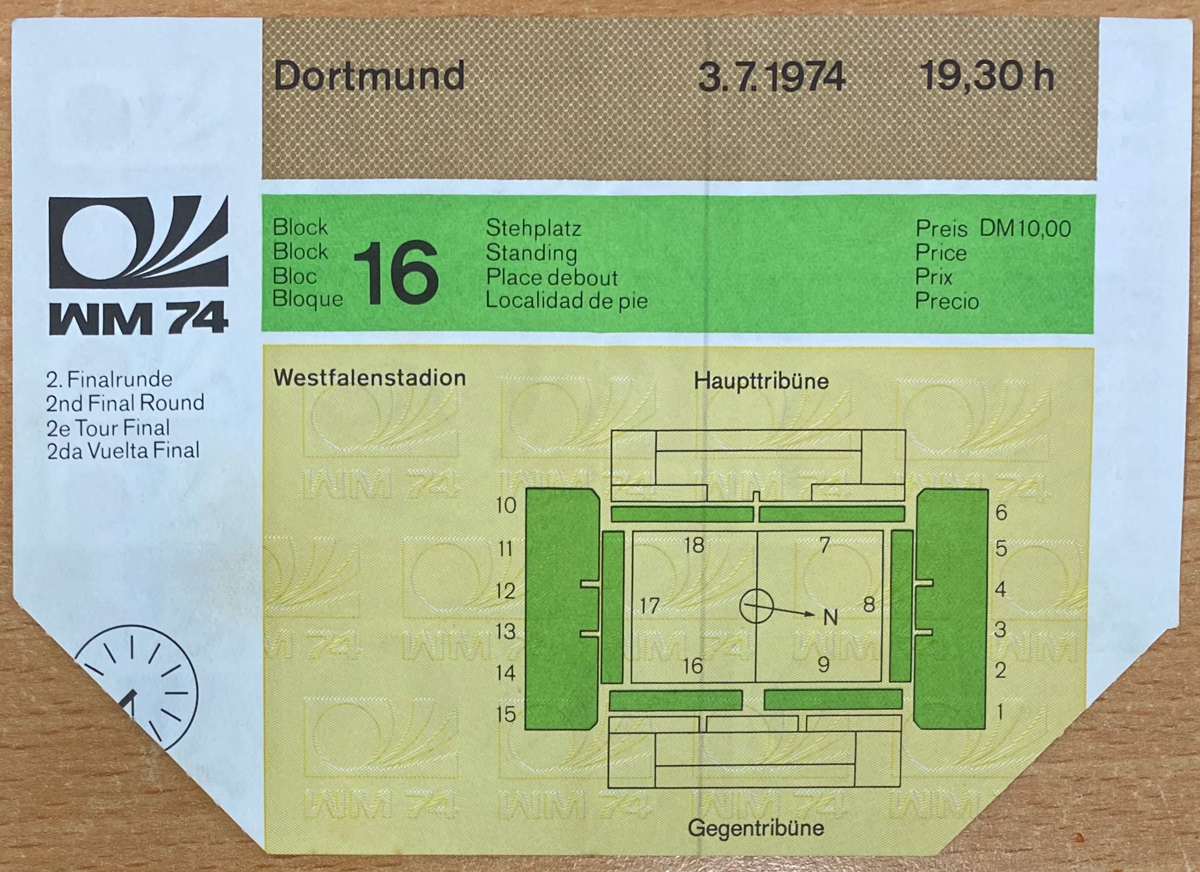 1974 ORIGINAL WORLD CUP 2ND ROUND TICKET BRAZIL V NETHERLANDS @ DORTMUND