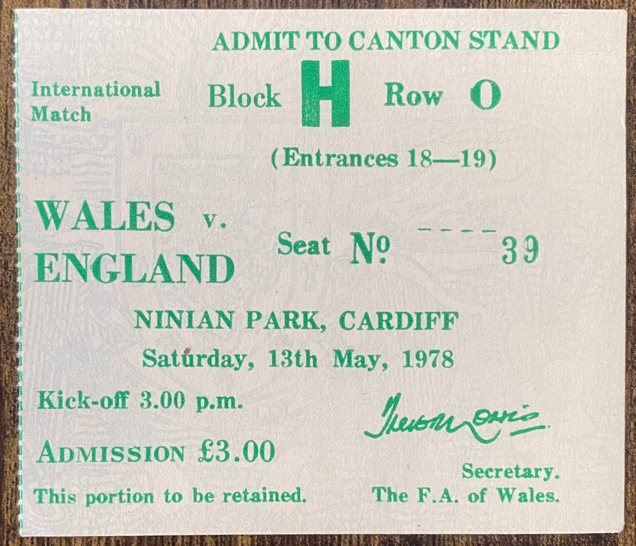 1978 ORIGINAL BRITISH HOME INTERNATIONAL TICKET WALES V ENGLAND @ NINIAN PARK