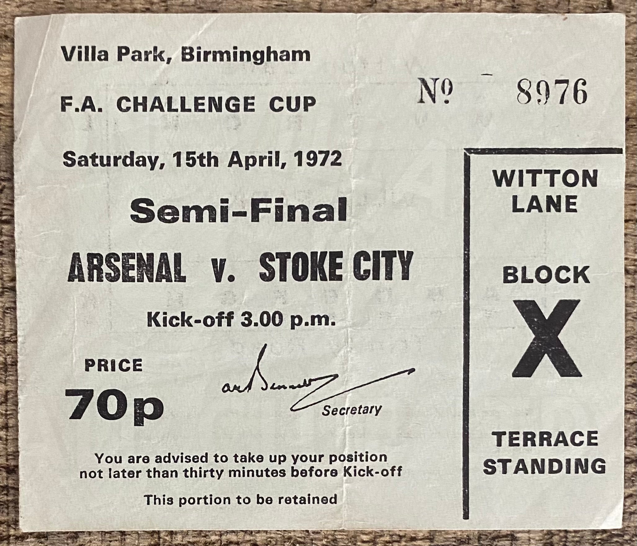 1972 ORIGINAL FA CUP SEMI FINAL TICKET STOKE CITY V ARSENAL @VILLA PARK