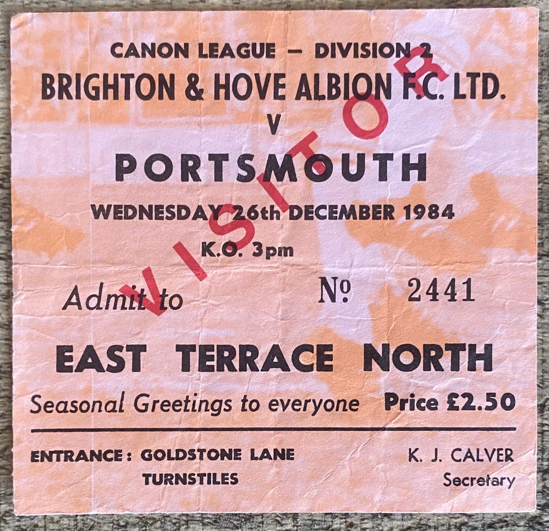 1984/85 ORIGINAL DIVISION 2 TICKET BRIGHTON AND HOVE ALBION V PORTSMOUTH