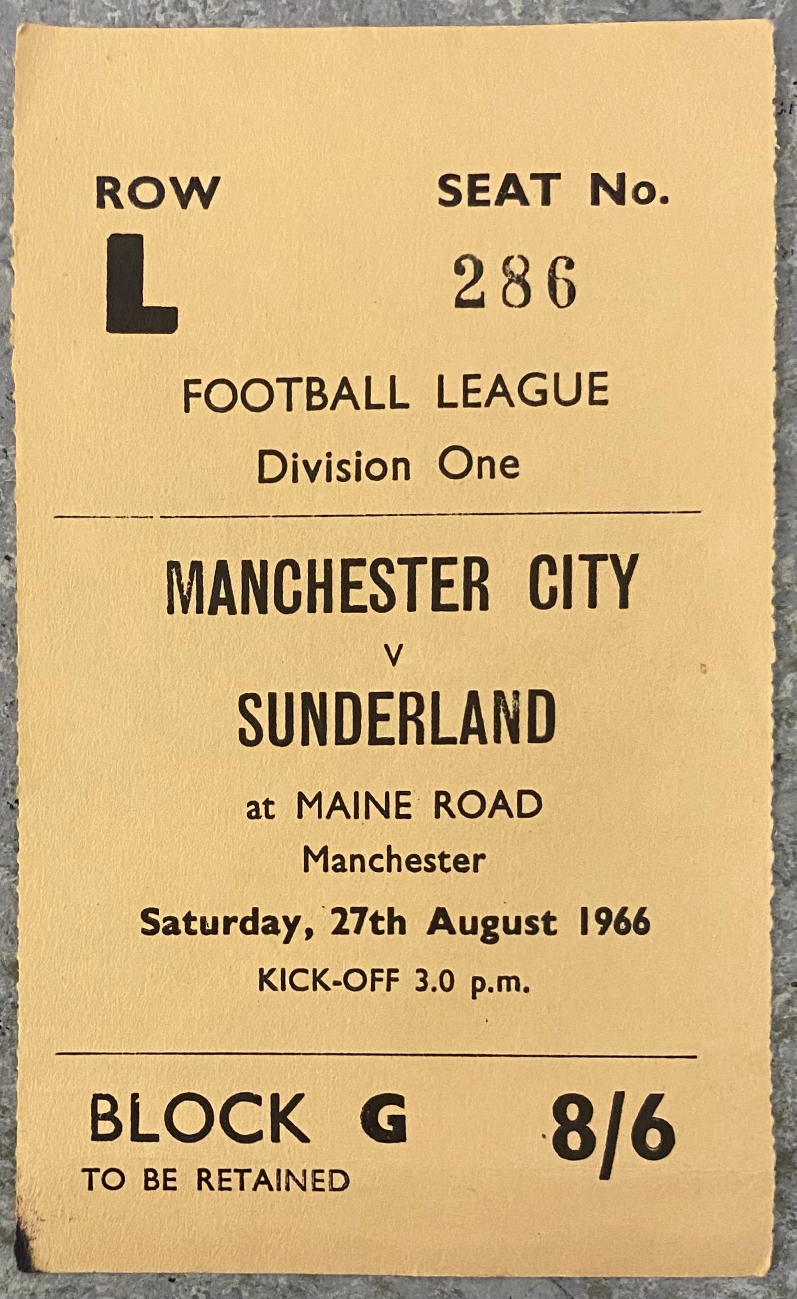 1966/67 ORIGINAL DIVISION 1 TICKET MANCHESTER CITY V SUNDERLAND