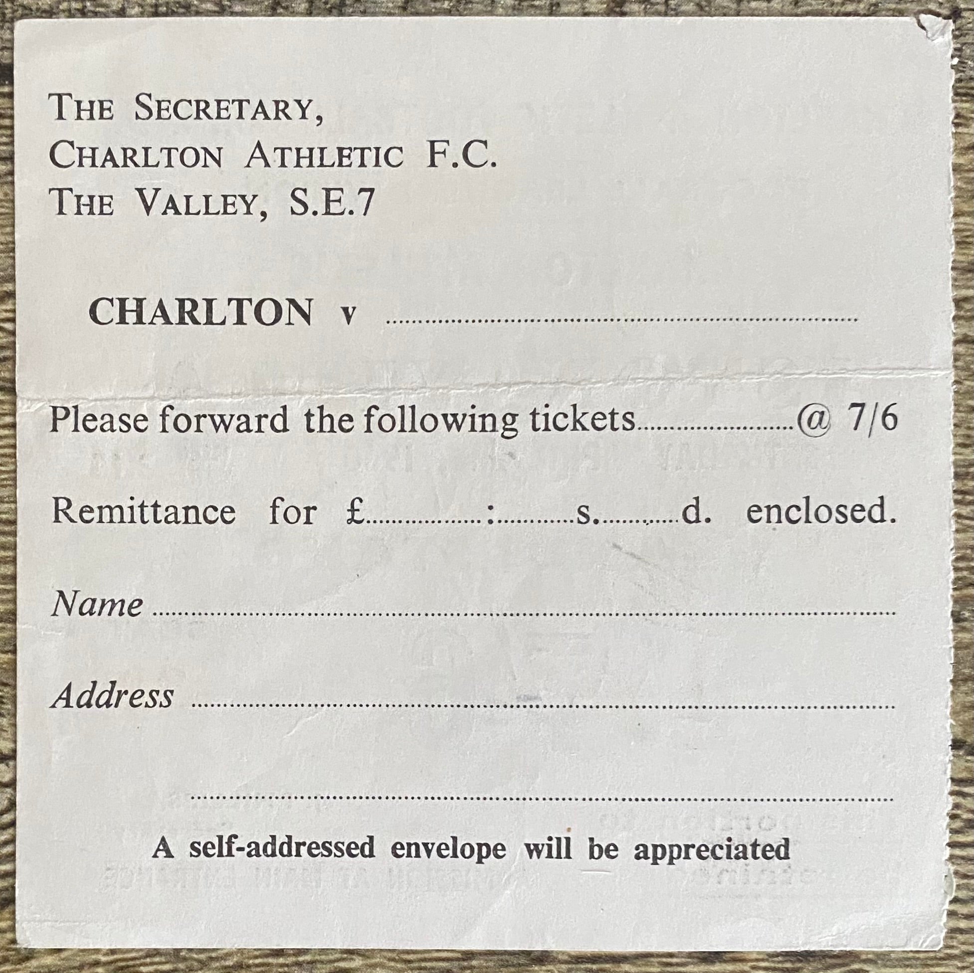1959/60 ORIGINAL DIVISION 2 TICKET CHARLTON ATHLETIC V ASTON VILLA