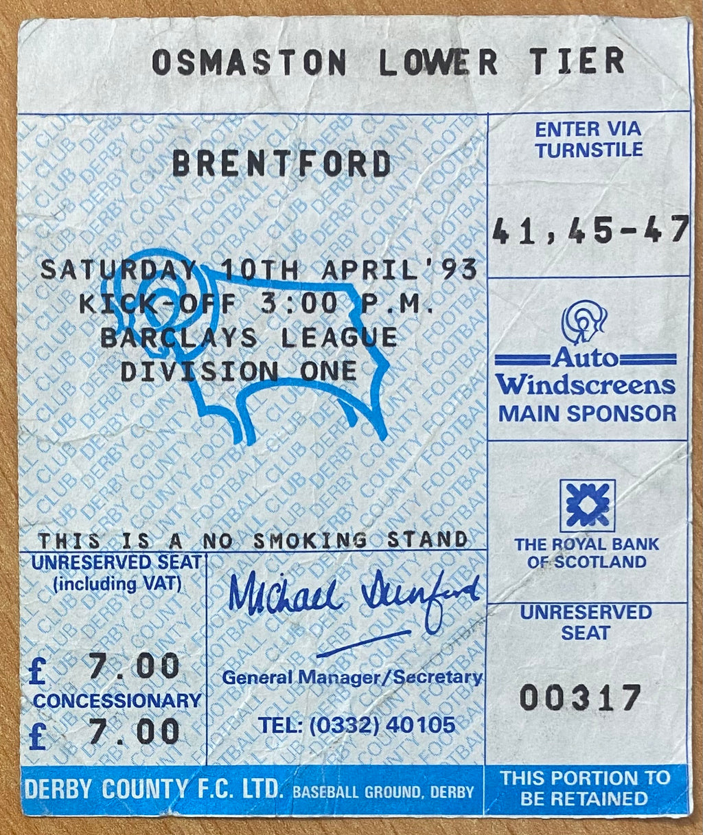 1992/93 ORIGINAL DIVISION ONE TICKET DERBY COUNTY V BRENTFORD